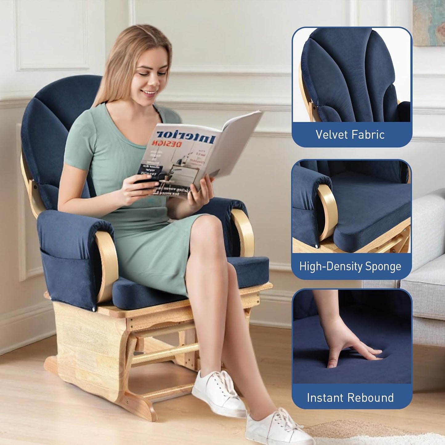 Wood Base Glider Rocker Chair, Baby Feeding and Rocking Chair Nursery Rocking Chairs with Silent Swing Solid Hardwood Base for Nursery, Living Room, Bedroom, Classroom(Navy Blue)