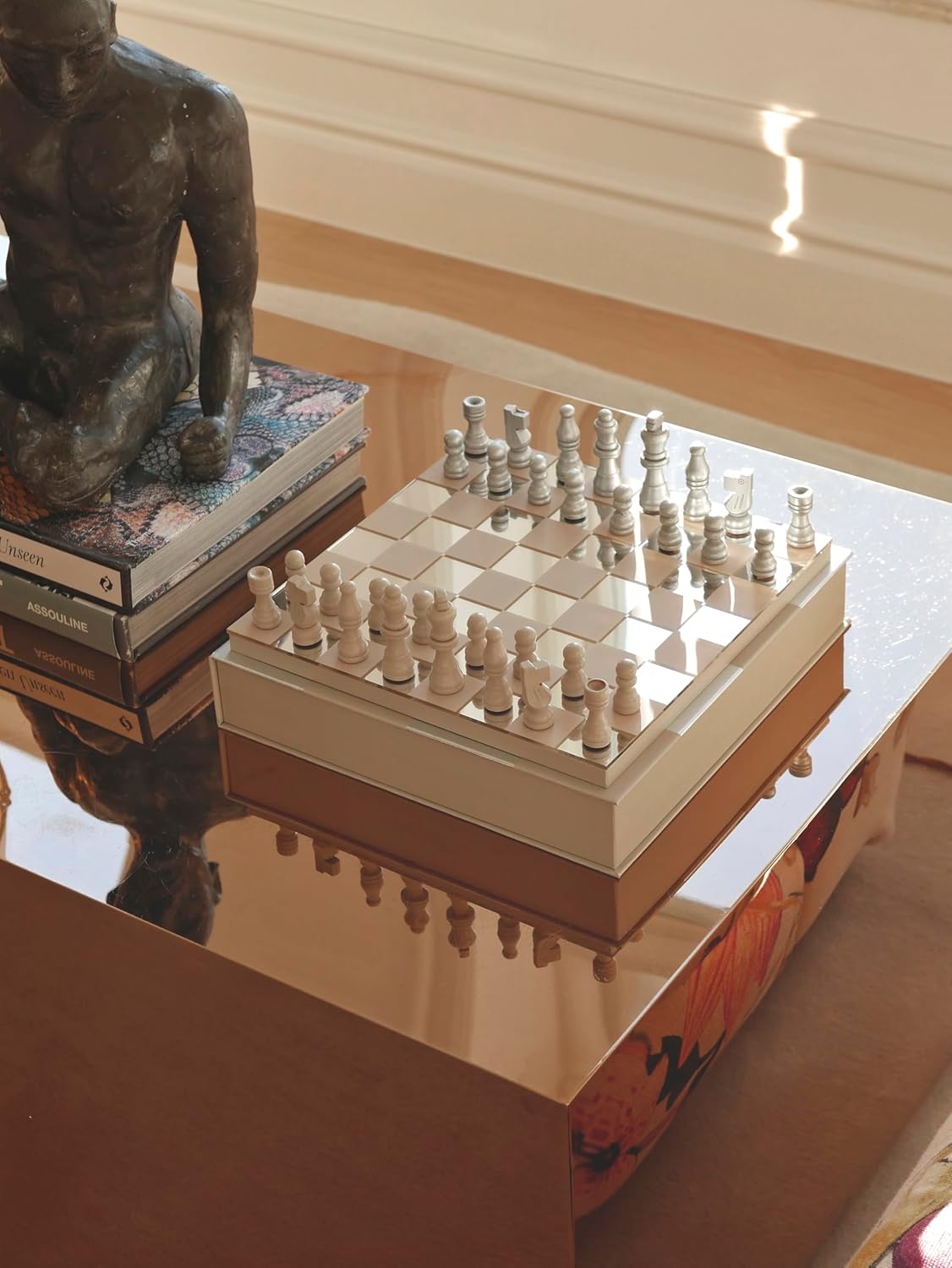 Classic – Art of Chess, Mirror – Beige & Silver Wooden Chess Set with Mirrored Acrylic Board – Stylish Coffee Table Game for Adults & Kids Ages 5+ – Multilingual Instructions Included