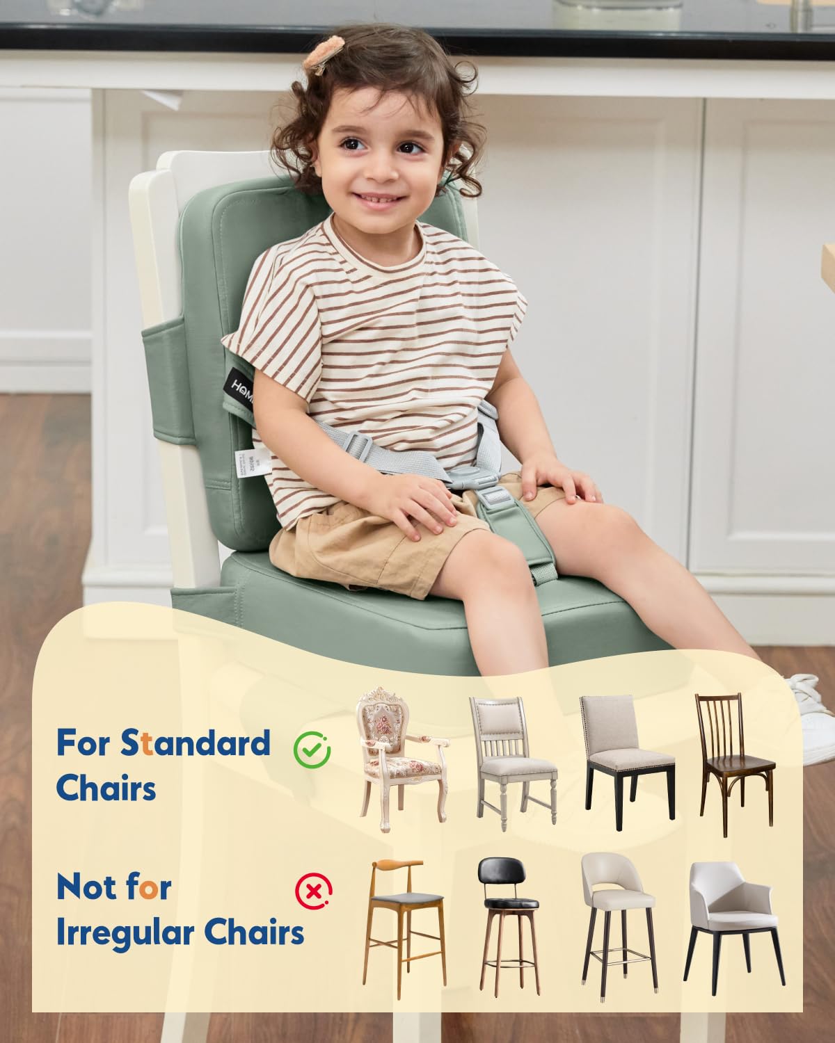 HOMEAL Toddler Booster Seat for Dining Table - Booster Seat for Kitchen Chair with Easy-Install Straps - Wipeable Surface & Removable Cover Easy to Clean -Breathable Fabric - Sage