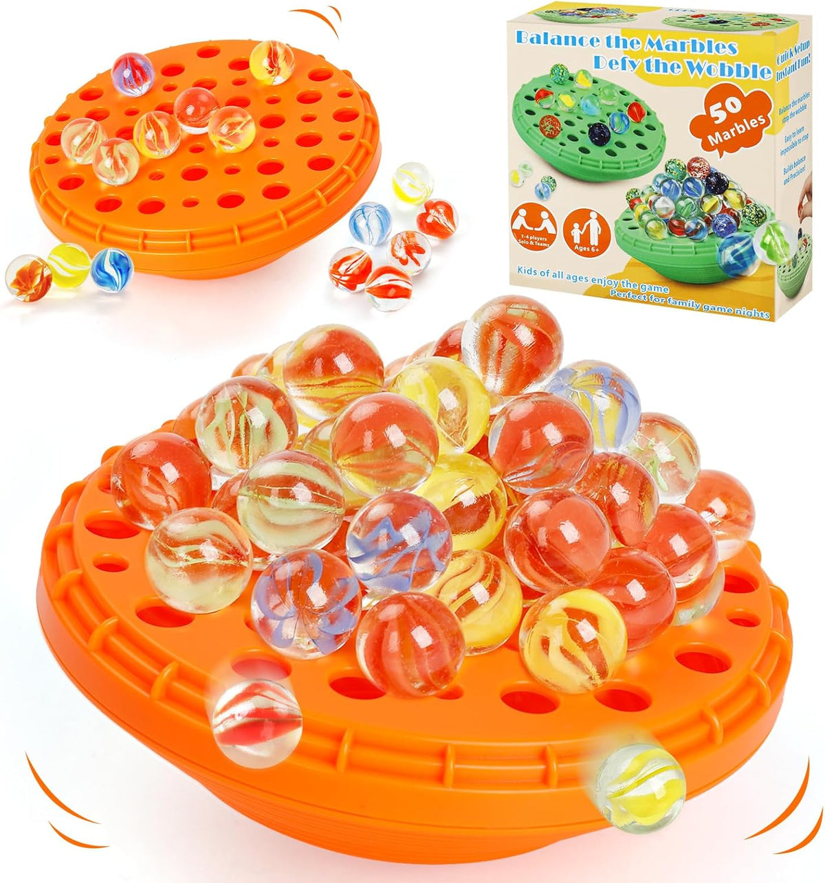 Marble Balance Game - 50 Colorful Marbles with Built-in Storage, Fun Family Challenge for 1-4 Players, Educational Toy for Kids & Adults, Perfect for Parties, Travel & Birthday Gifts (Pumpkin Orange)