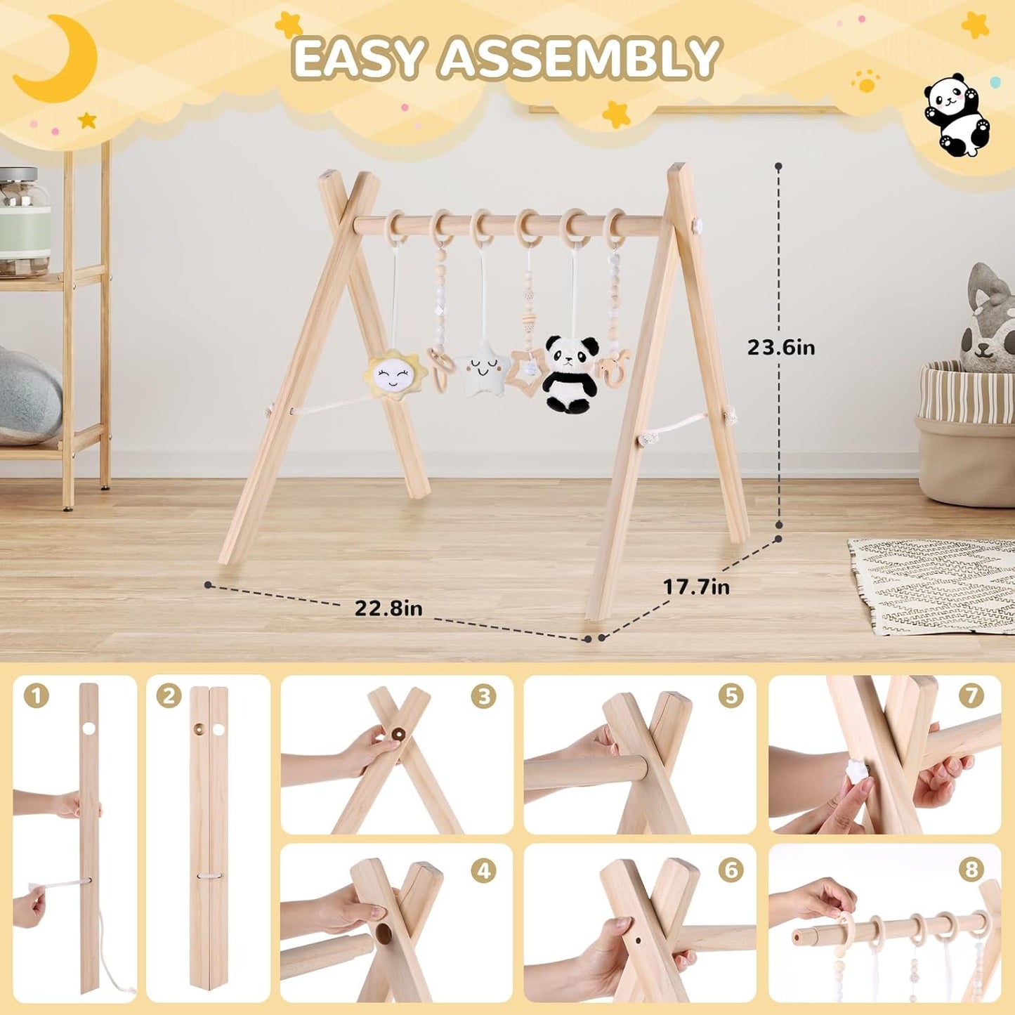 Wooden Play Gym with Mat, Foldable Baby Activity Gyms for Infants Newborn Baby Girl and Boy, Tummy Time Baby Infant Toys 0-6 6-12 Months (Rabbit)