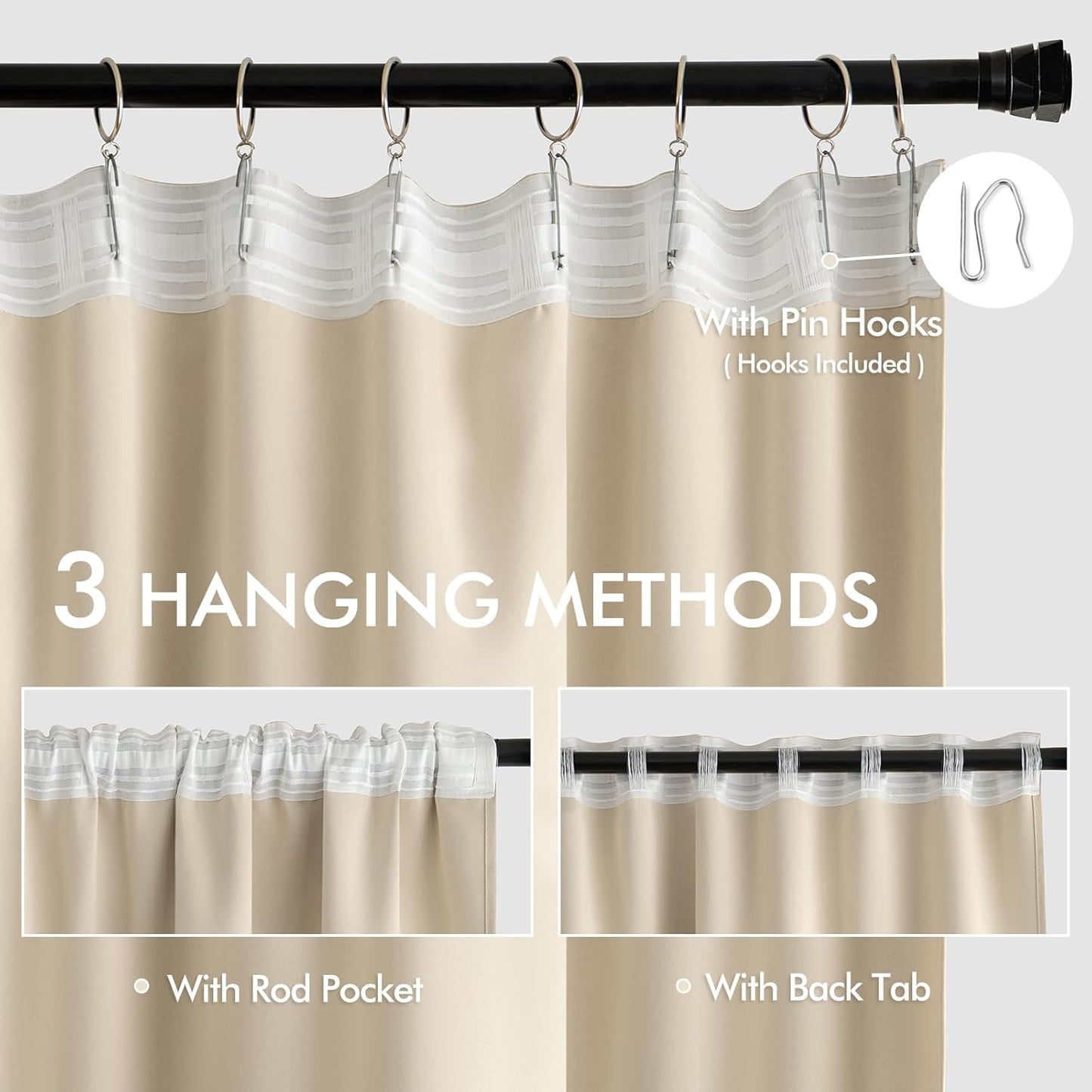 MIULEE Back Tab Cream Beige Curtains 96 Inch Long 2 Panels Set for Living Room Bedroom, Ivory Rod Pocket/Pinch Pleated Light Blocking Thermal Insulated Room Darkening Floor to Ceiling Blackout Drapes