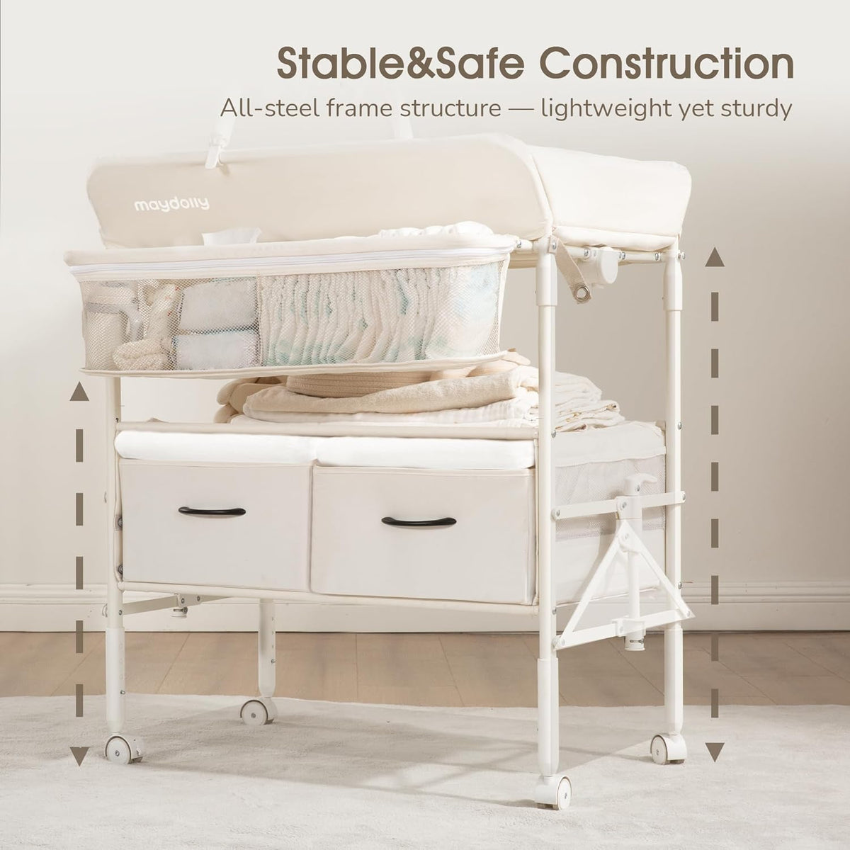 Baby Changing Table with Wheels, Maydolly Portable Foldable Changing Table, Waterproof Diaper Changing Station, Adjustable Height Changing Station, Mobile Nursery for Newborn and Infant (Beige)
