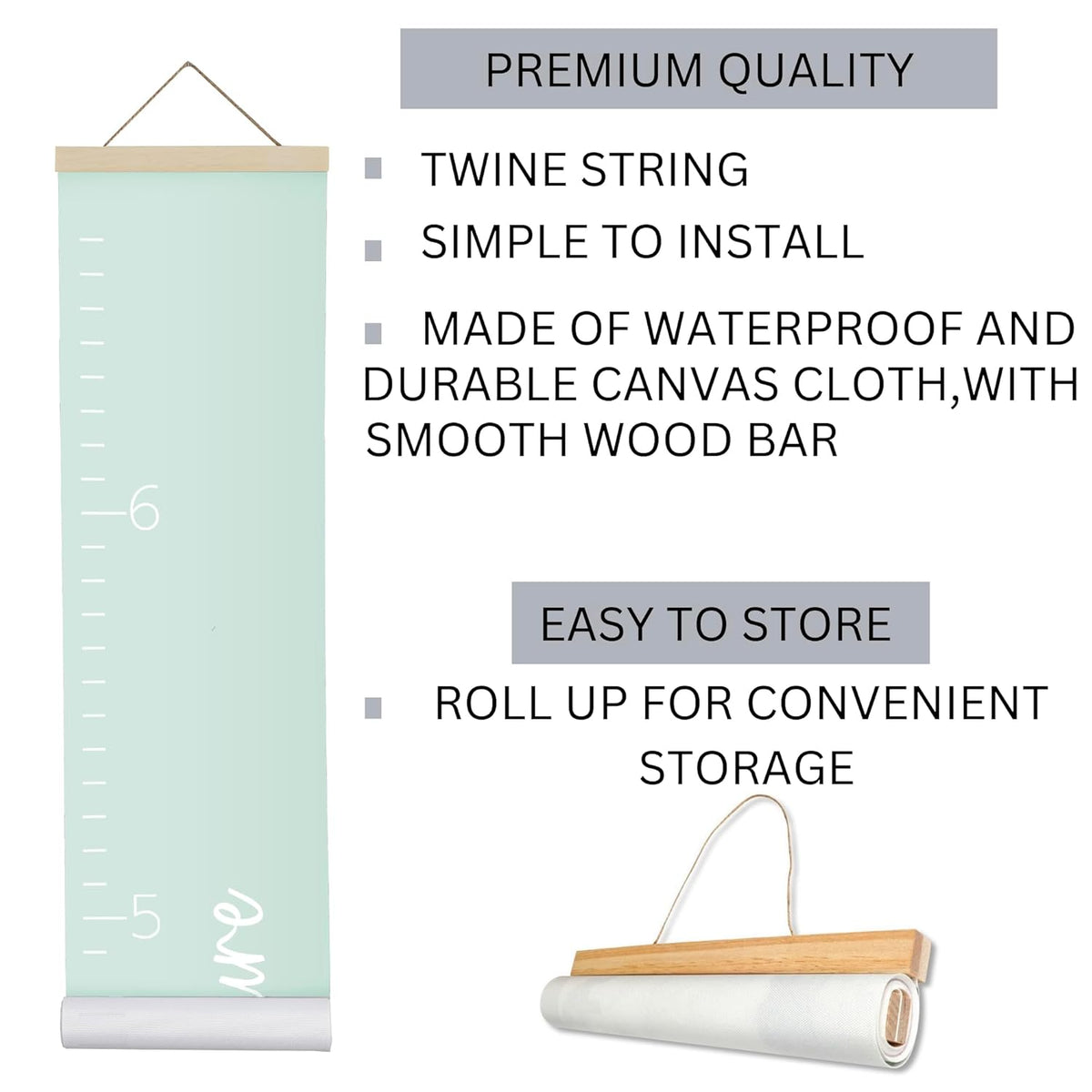 Morxy Canvas Growth Chart for Kids - Unisex Kids Room Wall Decor - Measuring Height Chart- Wall Tape with Height Chart for Kids (Canvas Loved Beyond Measure, Mint Green)