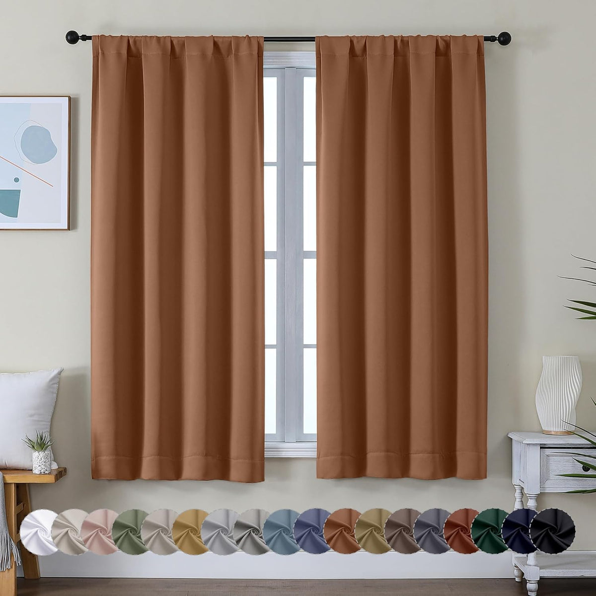Simplebrand Ava Sun Baked Blackout Curtains for Bedroom 63 Inch Length 2 Panels, Solid Thermal Insulated Energy Saving Rod Pocket Window Treatment Curtains Blackout Drapes, W40 x L63 Inch, Sun Baked