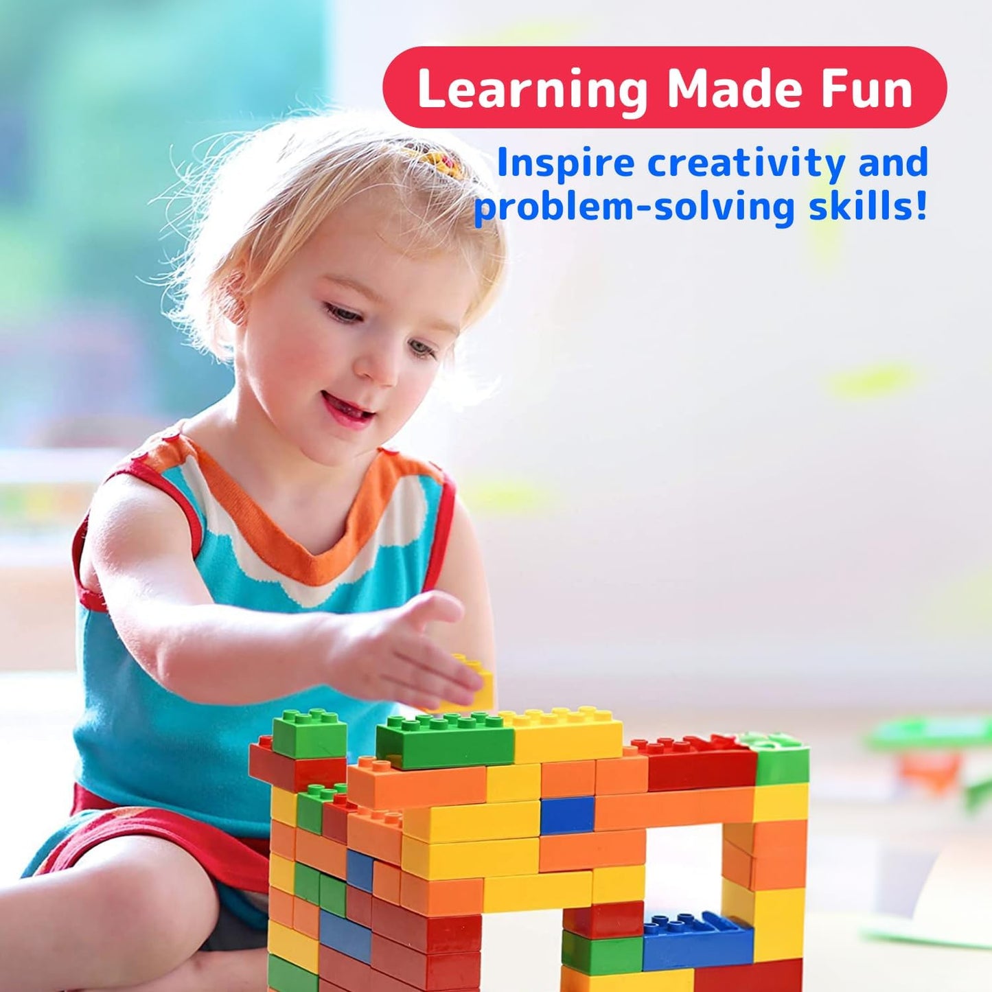 PREXTEX Building Blocks for Toddlers - 300 Jumbo Building Bricks with Carrying Box for Easy Storage - 5-Color Build Toys and Gift Set for Kids Ages 3 and Above - Compatible with Major Brands