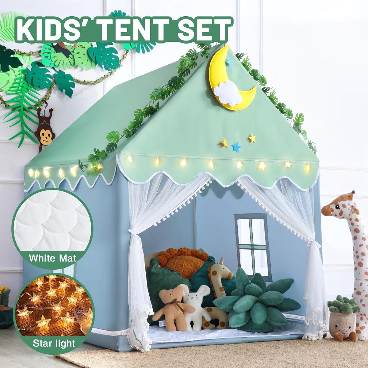 Wilwolfer Kid Tent with Mat, Star Lights - Kids Play Tents for Toddlers Kids Tents Indoor Playhouse - Princess Tent for Girls Toy House Gift (Green with Mesh)
