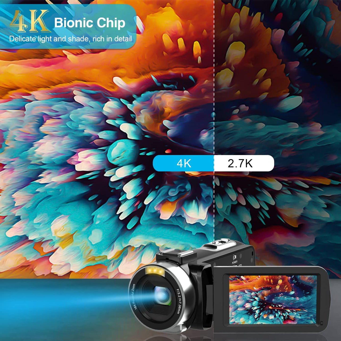 4K Video Camera with HD Micphone, Camcorder with IR Night Vision, WiFi Digital Camera, 18X Digital Zoom, Vlogging Camera for YouTube, Kids Video Camera, Built in Microphone, Remote, 2X Batteries