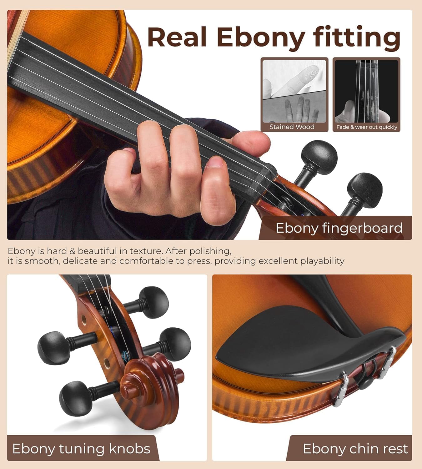 Violin Acoustic Fiddle Kit Professional Solid Wood Violin Unique Maple Wood Pattern Premium Ebony Fitting Starter Kit for Beginner Adults, Full Size By Vangoa