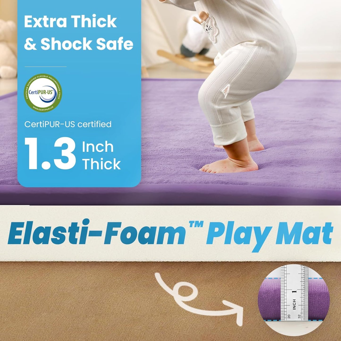 Ultra Soft Baby Play Mat,1.3" Thick Elasti-Foam Tummy Time Mat for Infants,Toddlers,Kids,Water-Repellent Coral Fleece Nursery Rug,Non-Slip Safe for Crawling&Hardwood Floors(Lavender)