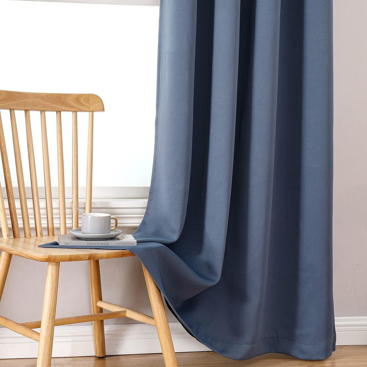 ChrisDowa 100% Blackout Curtains for Bedroom with Black Liner, 2 Thick Layers Total Blackout Thermal Insulated Grommet Window Curtains 2 Panels Set (Stone Blue, 52 x 54 Inch)