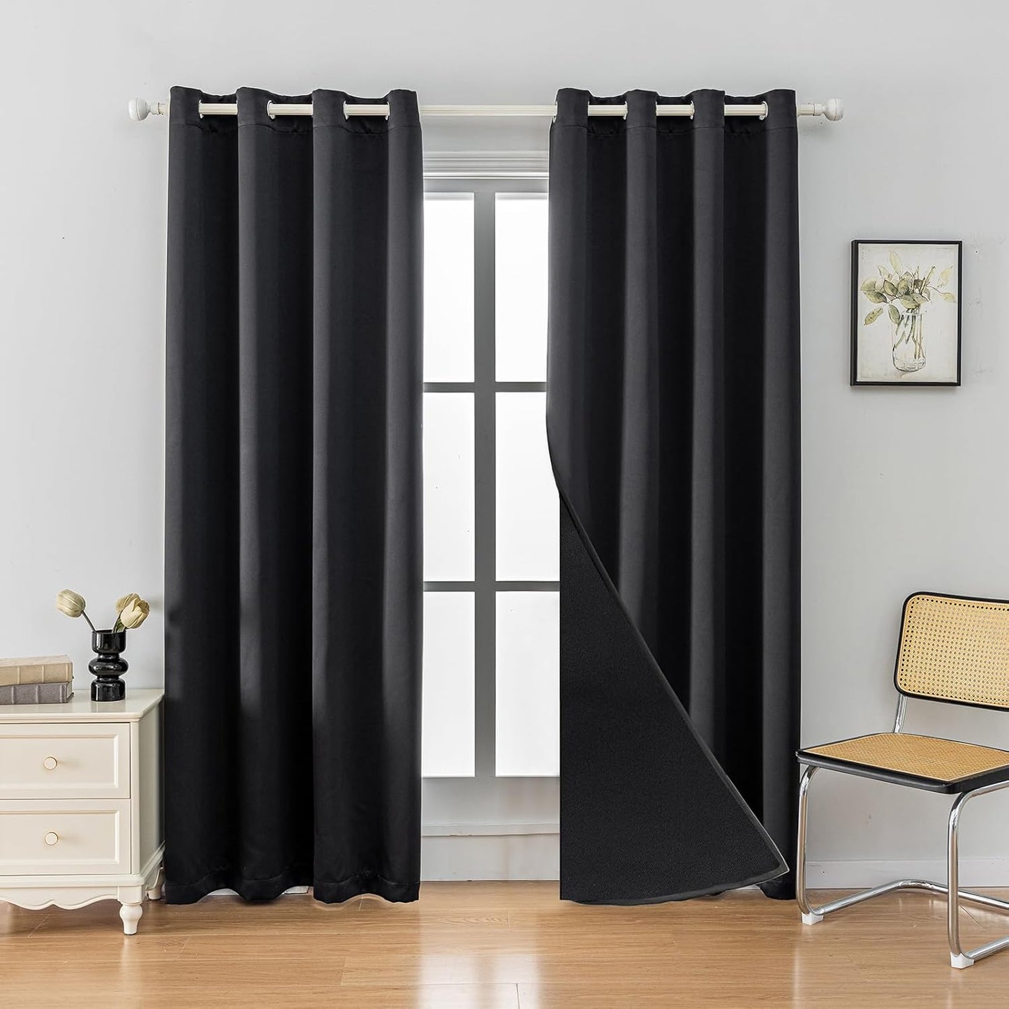 Anytime 100% Blackout Curtain Set, Thermal Insulated & Energy Efficiency Window Draperies for Guest Room, Full Shading Panels for Shift Worker and Light Sleepers（Black, 2 Panels, 52W x 84L）
