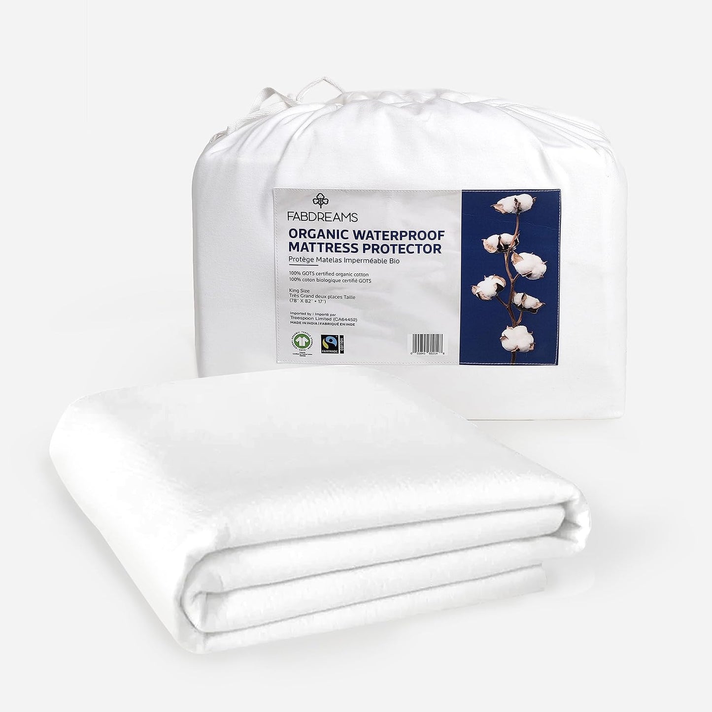 Fabdreams King Organic Cotton Mattress Protector, Waterproof, 78x82+17in, GOTS Certified, Temperature Regulating, Breathable, White