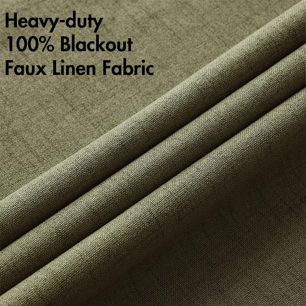 MIULEE Linen Texture Curtains for Bedroom Solid 100% Blackout Thermal Insulated Light Olive Green Curtains Grommet Room Darkening Drapes for Living Room Nursery 52x96 Inch (2 Panels)