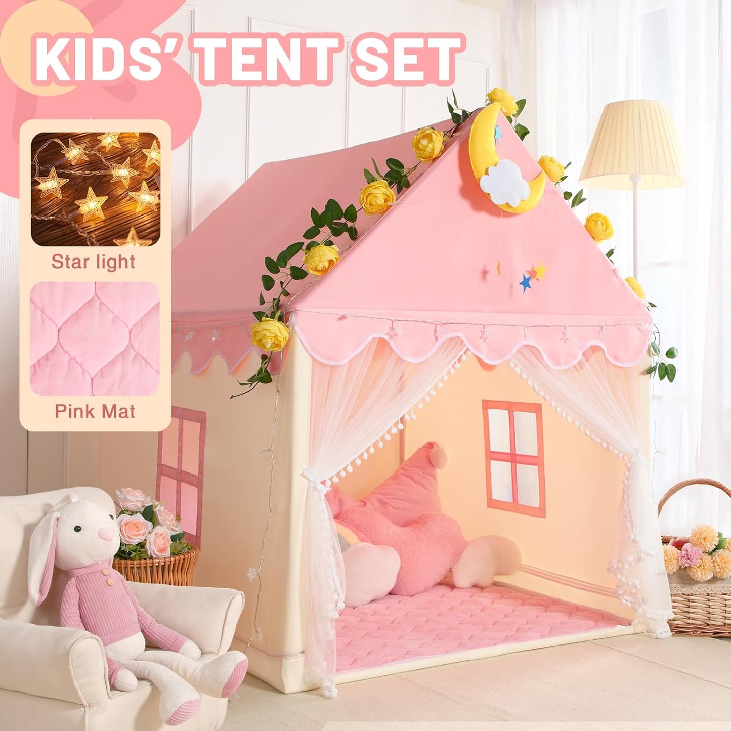 Wilwolfer Kid Tent with Mat, Star Lights - Kids Play Tents for Toddlers Kids Tents Indoor Playhouse - Princess Tent for Girls Toy House Gift (Pink with Mesh)