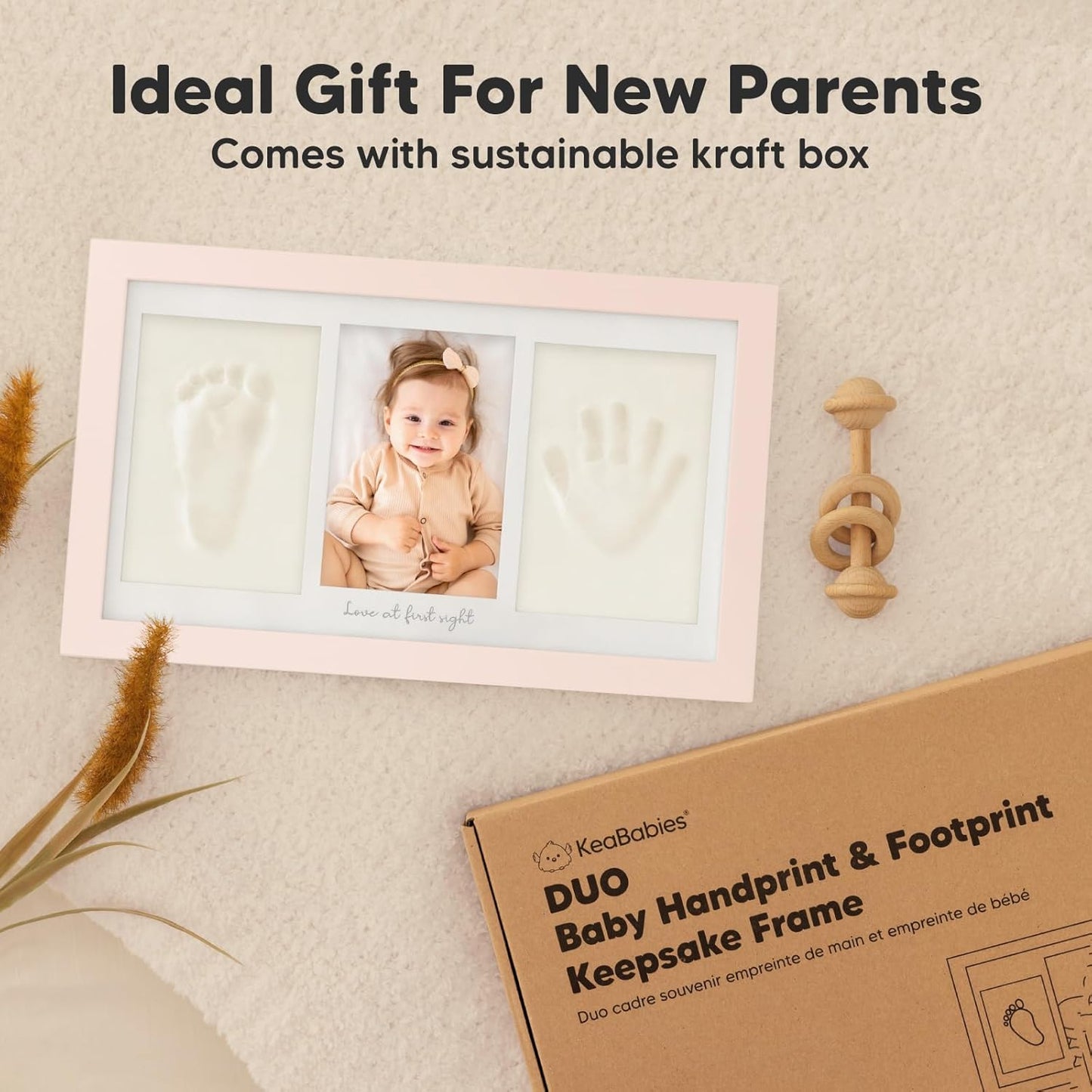 Baby Hand and Footprint Kit - Clay Handprint Keepsake Frame, Newborn Nursery Picture Frame, Personalized New Mom Gifts for Baby Shower & Registry (Petal Pink)