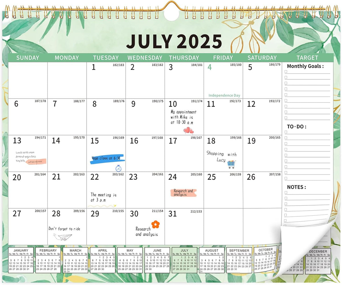 Wall Calendar 2025-2026, 18 Month Large Desk Calendar from July 2025 to December 2026 14.5" x 11.8" Monthly Calendar with Twin-Wire Binding for Home Office Planning Personal Organisers, Green Leaf