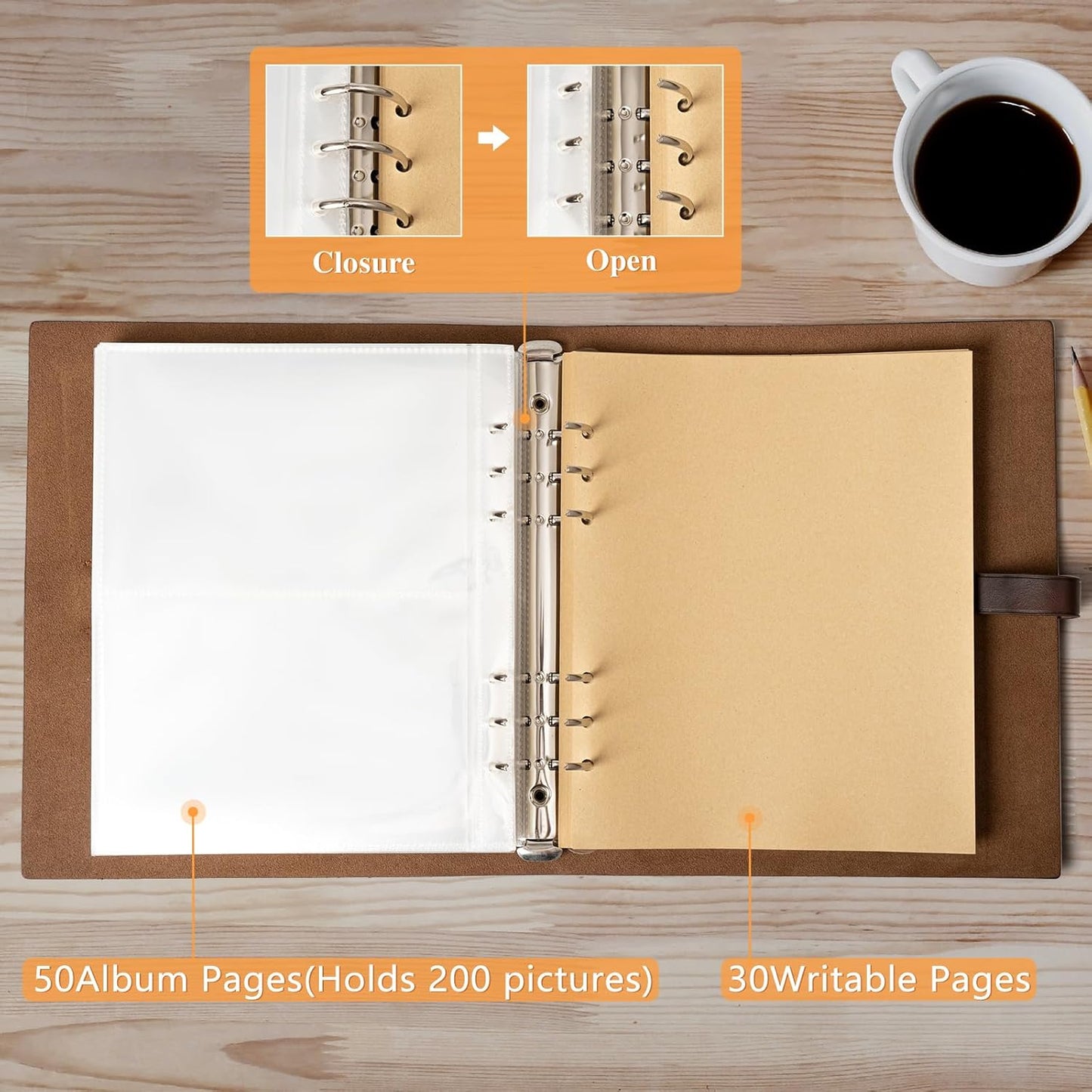 Photo Album 4x6 200 Photos, Genuine Leather Photo Albums with Writing Space with 30 Writing Paper, Travel Family Wedding Kids Graduation Ultrasound Baby Picture Album Scrapbook Photo Album (MOON)