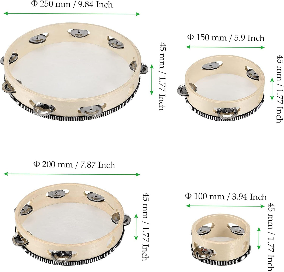 4 PCS 4" 6" 8" 10" Wooden Tambourine, Musical Instrument Tambourine Set, Handheld Drum Bell Metal Jingles Single Row Percussion for Church, KTV, Party