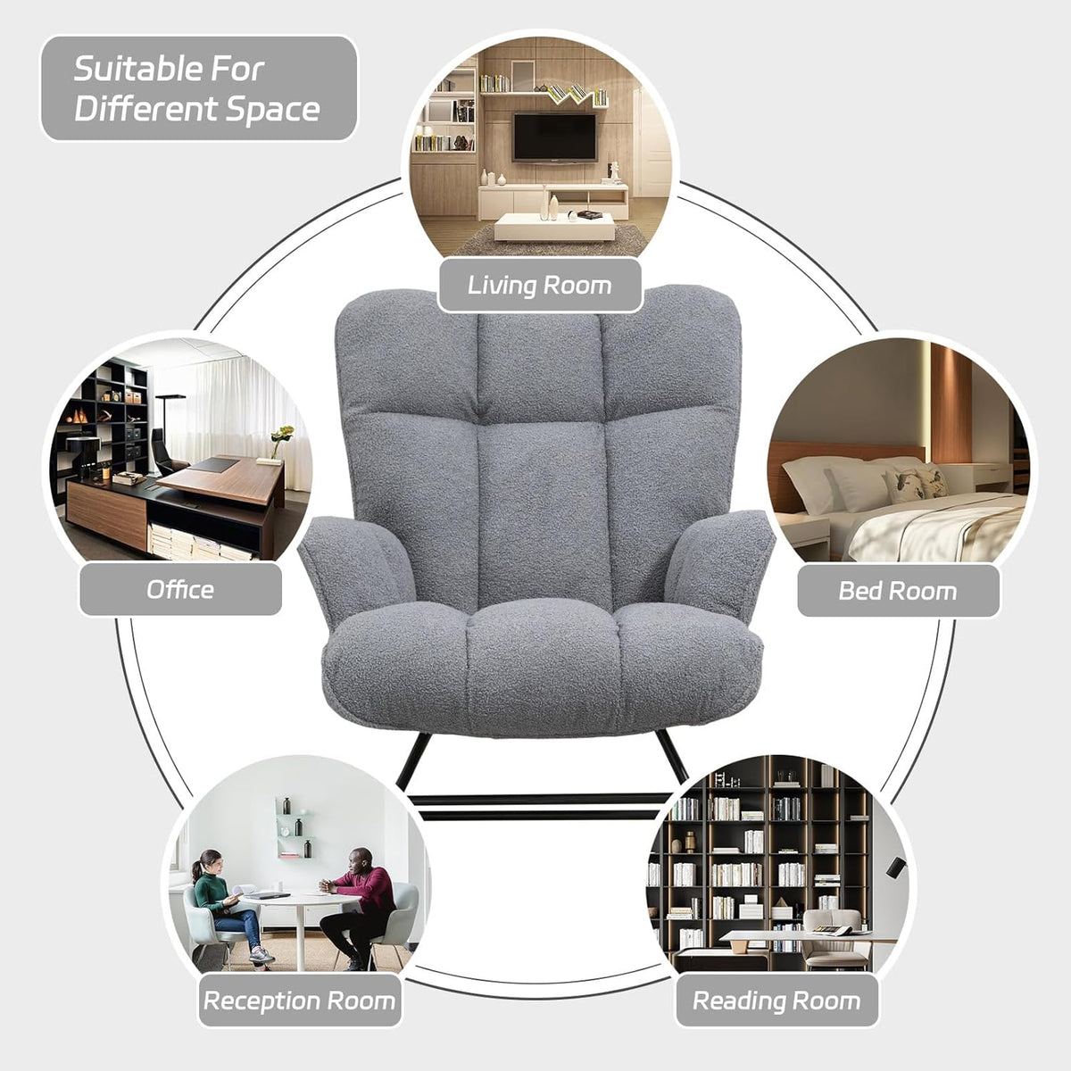 Rocking Chair Nursery Teddy Upholstered Glider Rocker Rocking Accent Chair Padded Seat with High Backrest Armchair Comfy Side Chair for Living Room Bedroom Offices (Darkgrey Teddy)