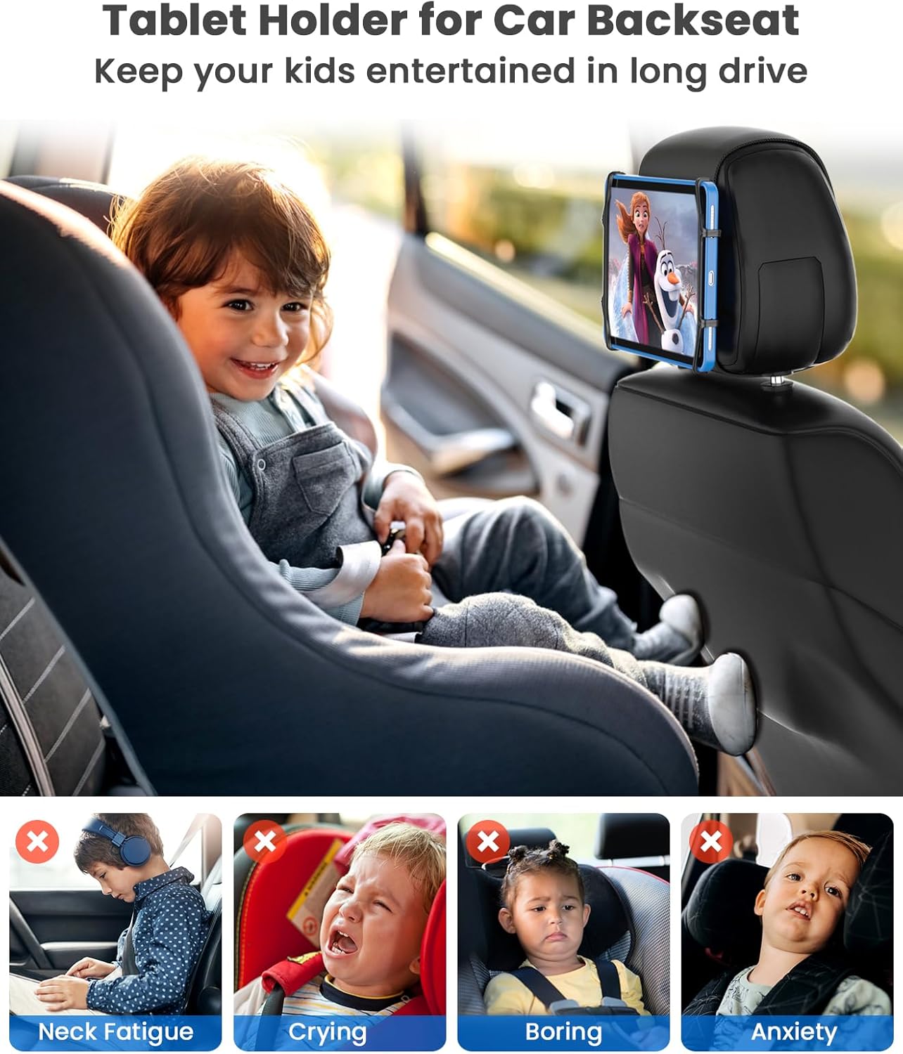 WONNIE Tablet Holder for Car, Upgraded iPad Holder for Car Mount Headrest, iPad Mount Back Seat for Kids with Anti-Slip Strap, Silicone Holding Net/Fits All 7-12.9'' Tablets