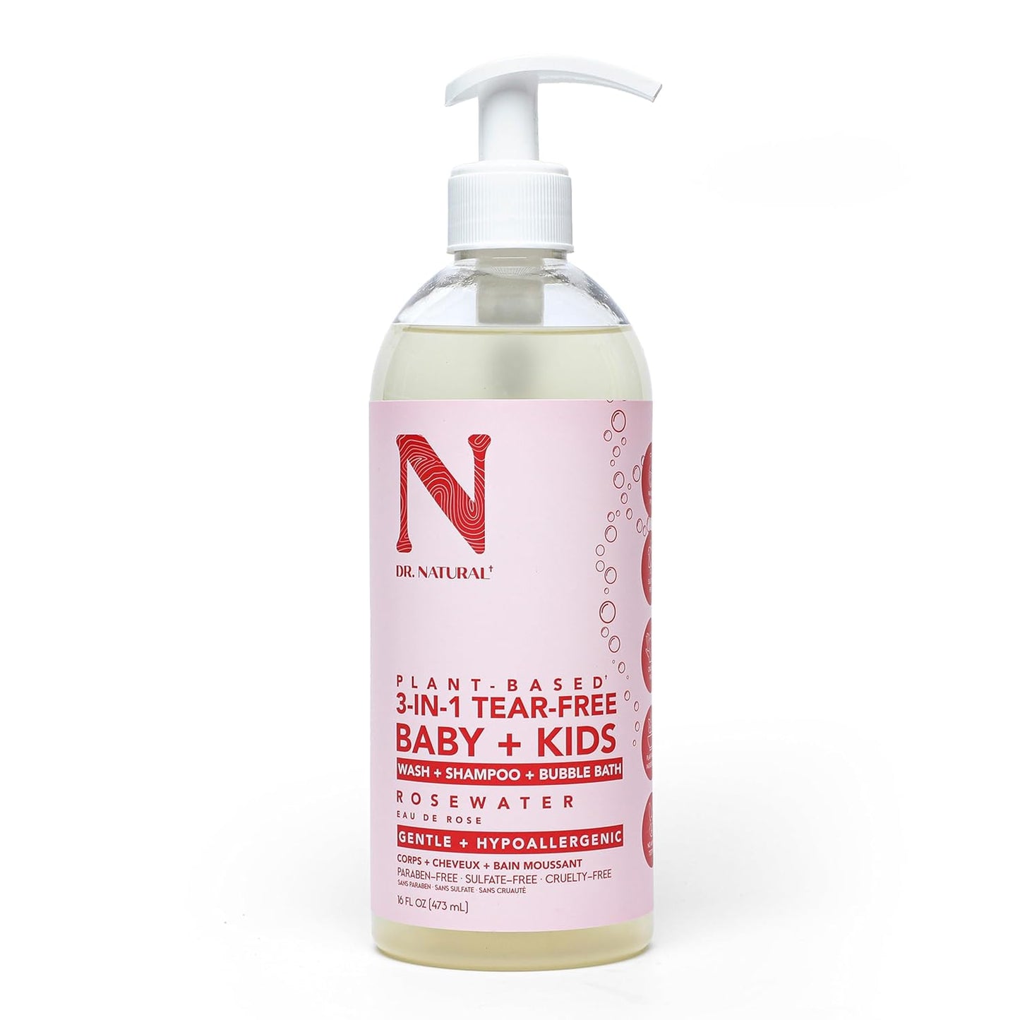 Dr. Natural 3-in-1 Tear-Free Baby Plus Kids Soap - Head-to-Toe Soap and Shampoo - Sensitive Skin Moisturizing Body Wash - Rosewater - 16 oz