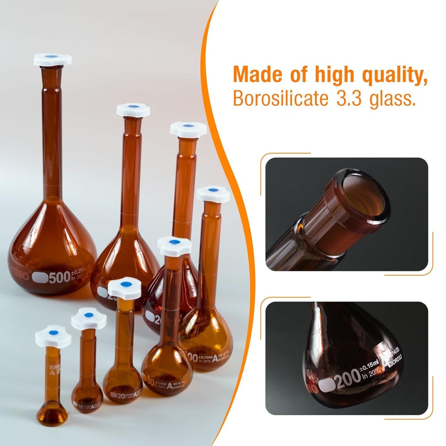 25ML Amber Volumetric Flask Set|ASTM Class A 3.3 Borosilicate Glass|Polypropylene Stopper|White Graduation|for Analytical Chemistry Work|2PCS