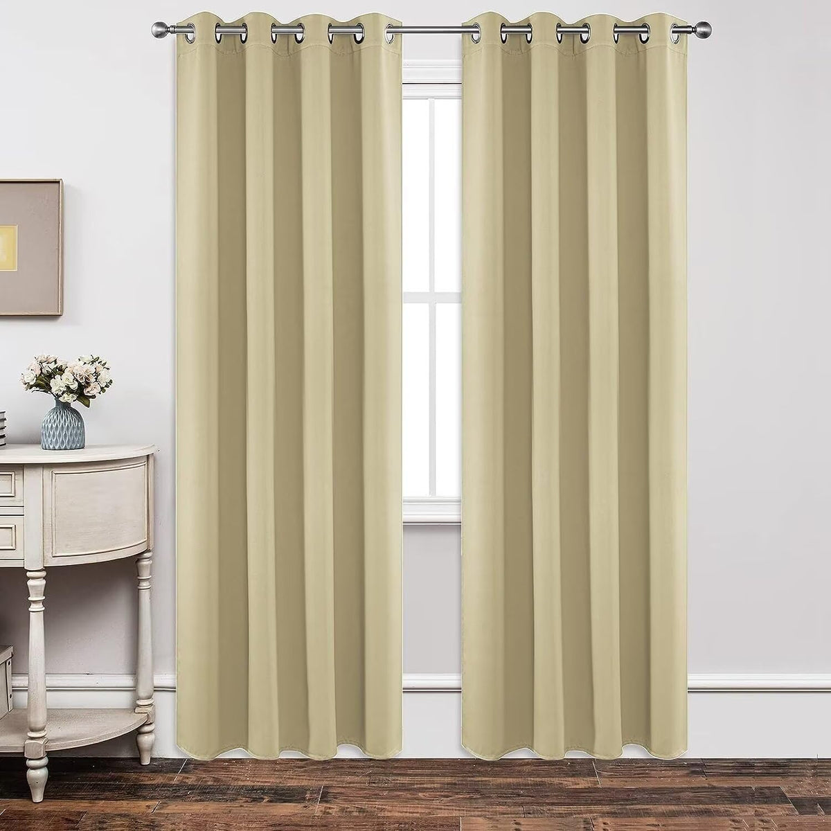 Joydeco Blackout Curtains 90 Inches Long 1 Panel, Thermal Insulated Long Curtains& Drapes 1 Piece, Room Darkening Grommet Drapes for Living Room Bedroom Window (W70 x L90 Inch, Beige)
