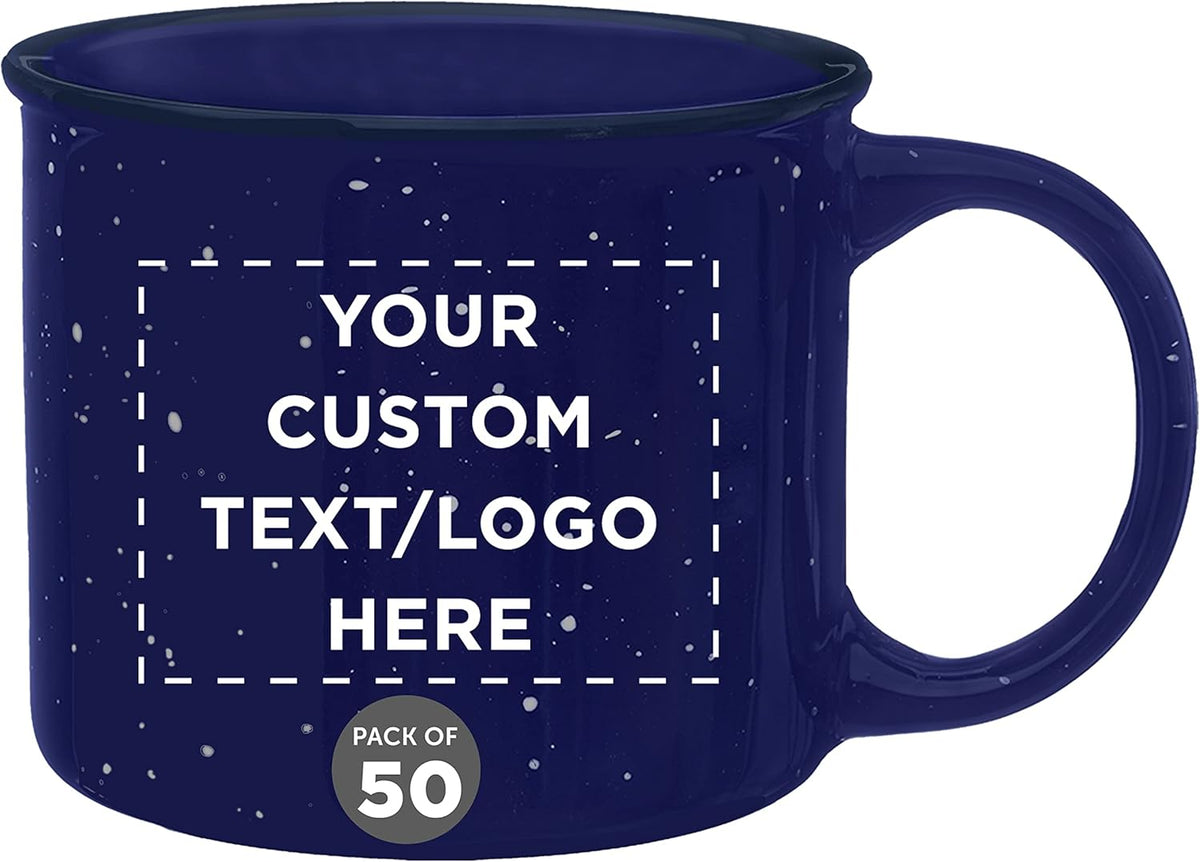 DISCOUNT PROMOS Custom Ceramic Campfire Coffee Mugs 13 oz. Set of 50, Personalized Bulk Pack - Perfect for Tea, Espresso, Cappuccino, Hot Cocoa - Blue