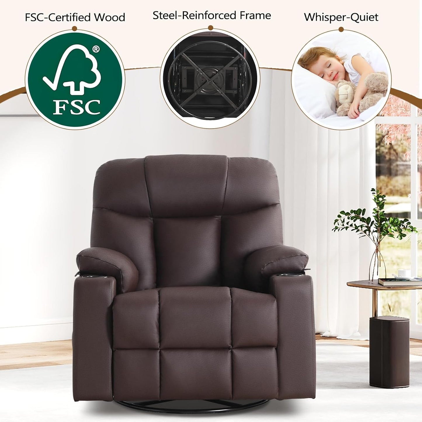 ANJ Swivel Rocker Recliner Chair Set of 3, Brown PU Leather, Manual 3-Position Reclining with Massage & Heat, Cup Holders for Living Room