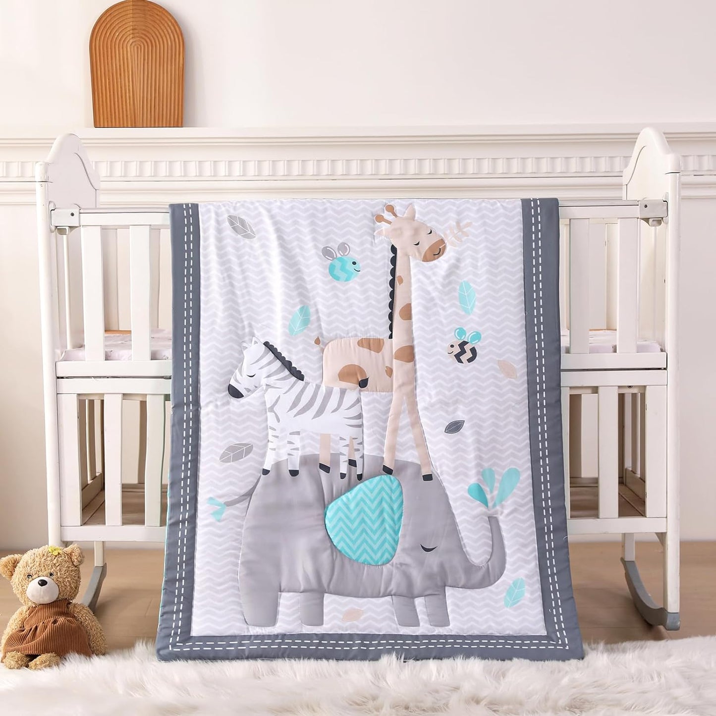 Wowelife Mini Crib Bedding Set Boy, 3 Piece Baby Bedding Set Nursery Bedding Set Elephant, Giraffe, Zebra Breathable Soft for Baby Boy with Comforter, Crib Fitted Sheet and Crib Skirt, Gray