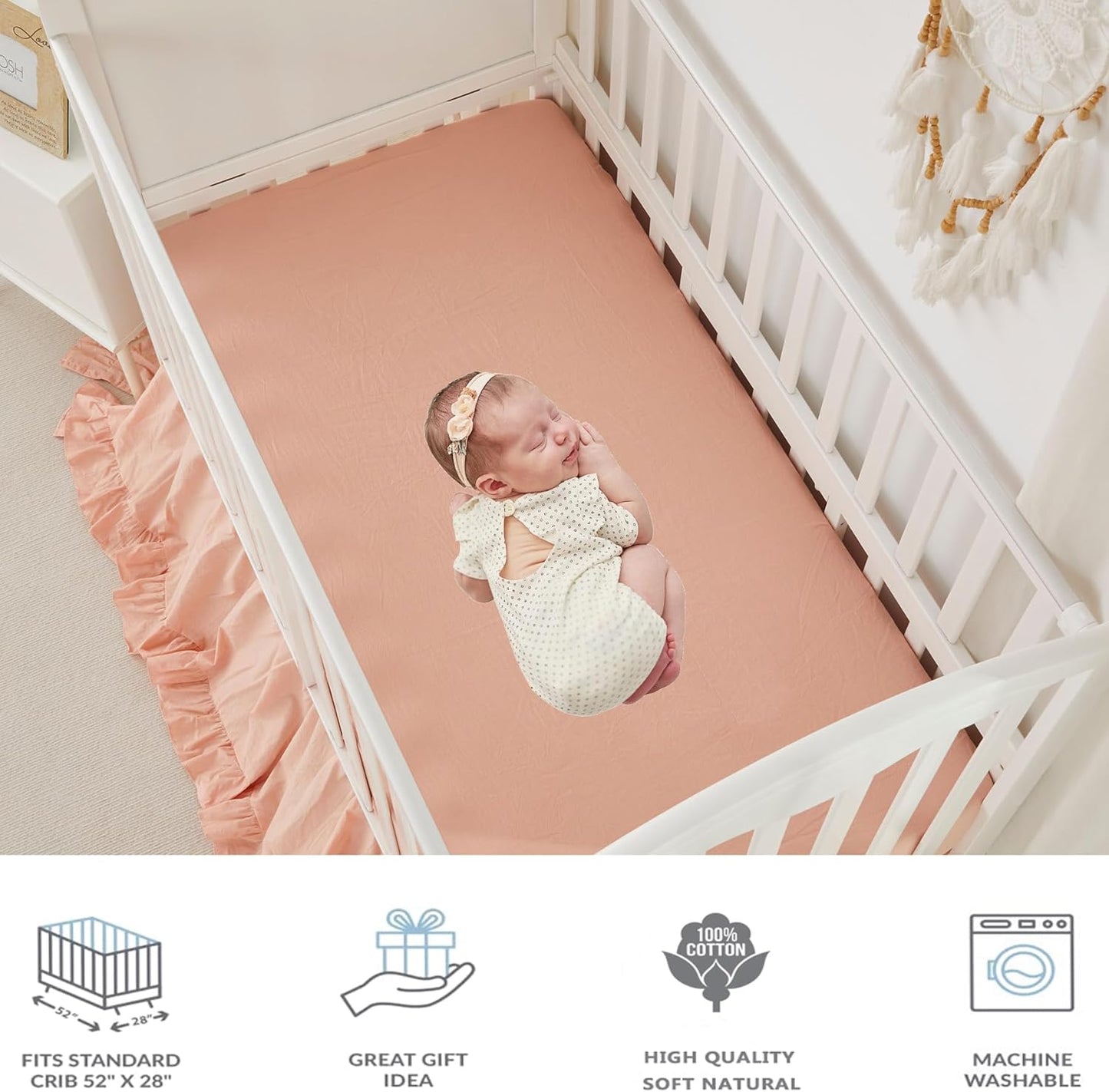 Brandream Baby Crib Bedding Set for Girls Boys Gender Neutral Boho Bohemian Farmhouse Chic Ruffle 6-Piece Nursery Bedding Set - 100% Cotton with Washed Craft Blush Pink Super Soft