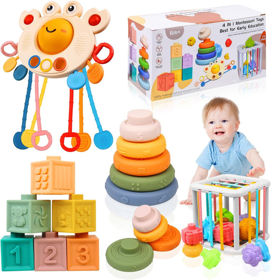 Montessori Toys for Babies 6-12 Months, 4 in 1 Soft Baby Teething Toys, Stacking Building Blocks & Rings for Infants, Sensory Bin Toy