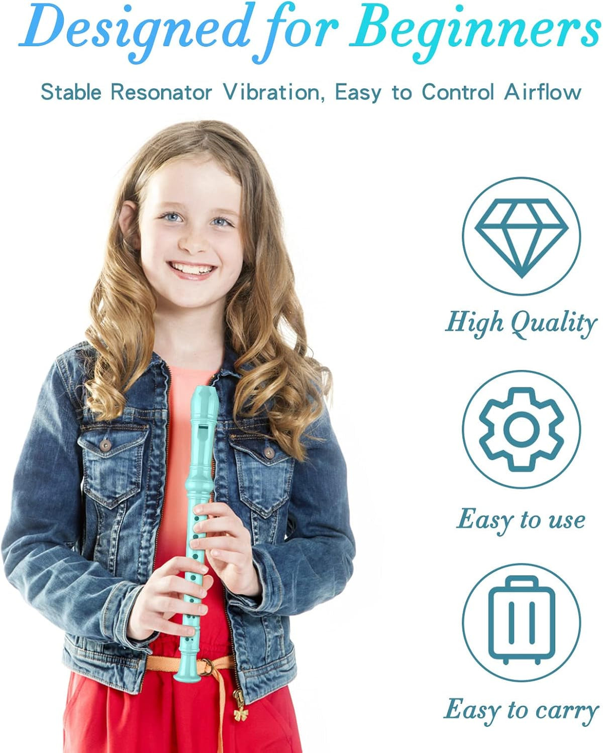Soprano Recorder Instrument for Kids Beginners Student German Fingering C Key Recorder Instrument 3 Piece with Cleaning Rod and Bag Fingering Chart(Lake Green)