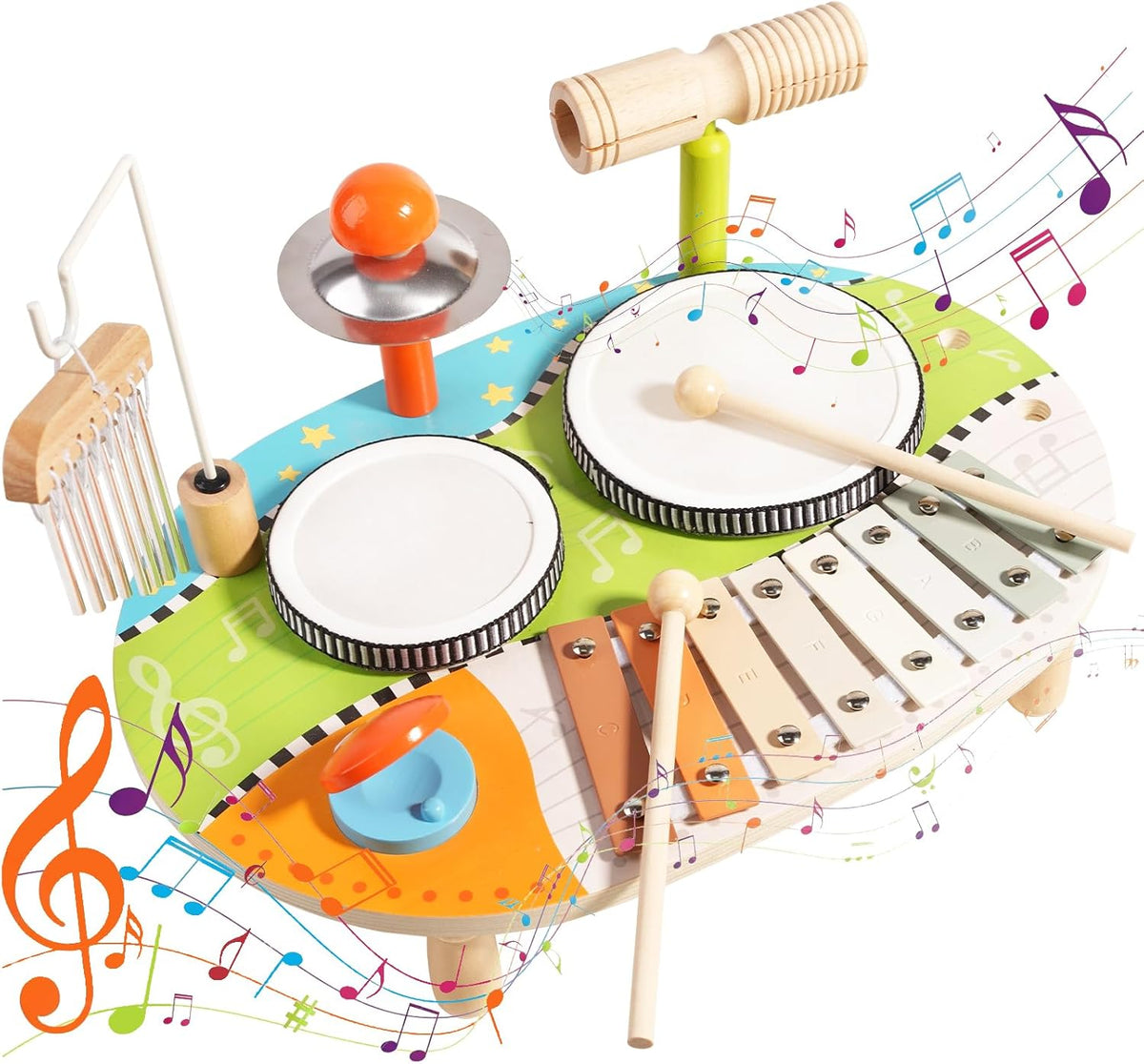 Kids Drum Set for Toddlers, Wooden Musical Instruments Baby Preschool Educational Musical Toys, Xylophone Wind Chime Kids Music Set Sensory Toys Birthday Gifts for Girls Boys