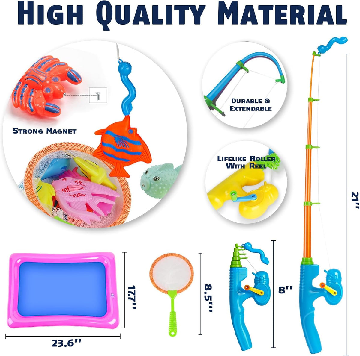 CozyBomB™ Magnetic Fishing Toys Game Set for Kids | Water Table Bathtub Kiddie Pool Party & Pole Rod Net, Plastic Floating Fish Toddler Color Ocean Sea Animals Birthday Age 3 4 5 6 Year