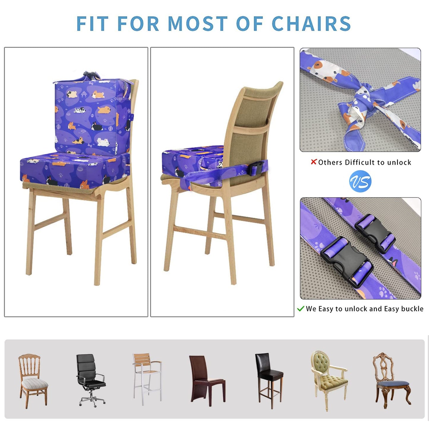 Toddler Booster Seat for Dining Table,4 Inches Washable Double Safer Straps Non-Slip Bottom Booster Seat Dining for Kids, Portable Travel High Density Sponge Detachable Increasing Cushion for Child.