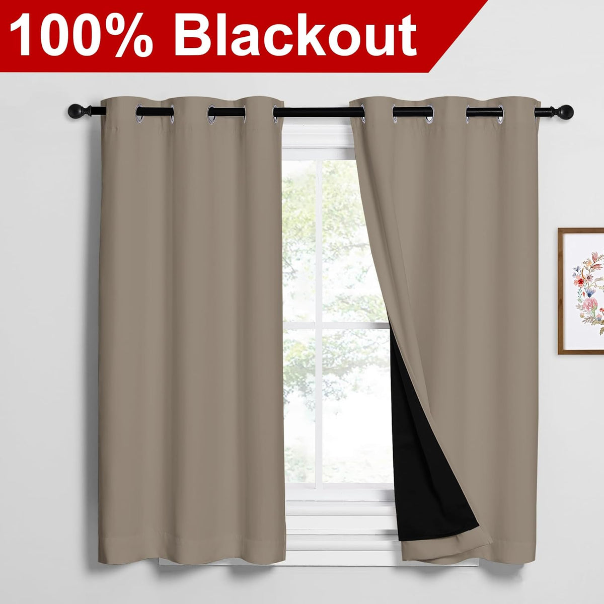 NICETOWN Taupe 100% Blackout Curtains 45 inches Long, Thermal Insulated Full Blackout 2-Layer Lined Curtains, Energy Efficiency Window Draperies for Dining Room (2 Panels, 42-inch W)