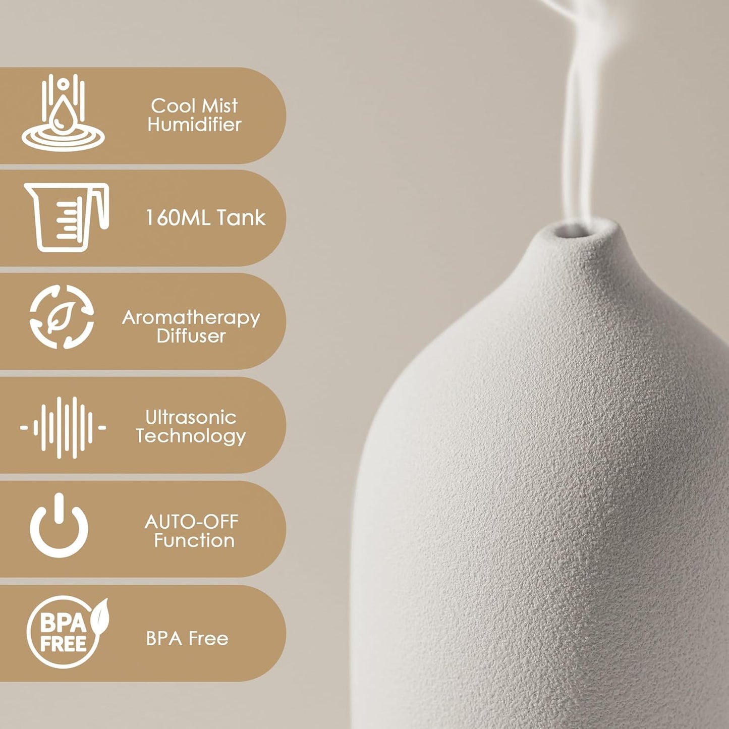 Diffuserlove Ceramic Essential Oil Diffuser 160ML for Room, Home, Bedroom - Aromatherapy Stone Diffuser White (Size: 6.8" H x 3.6" W)