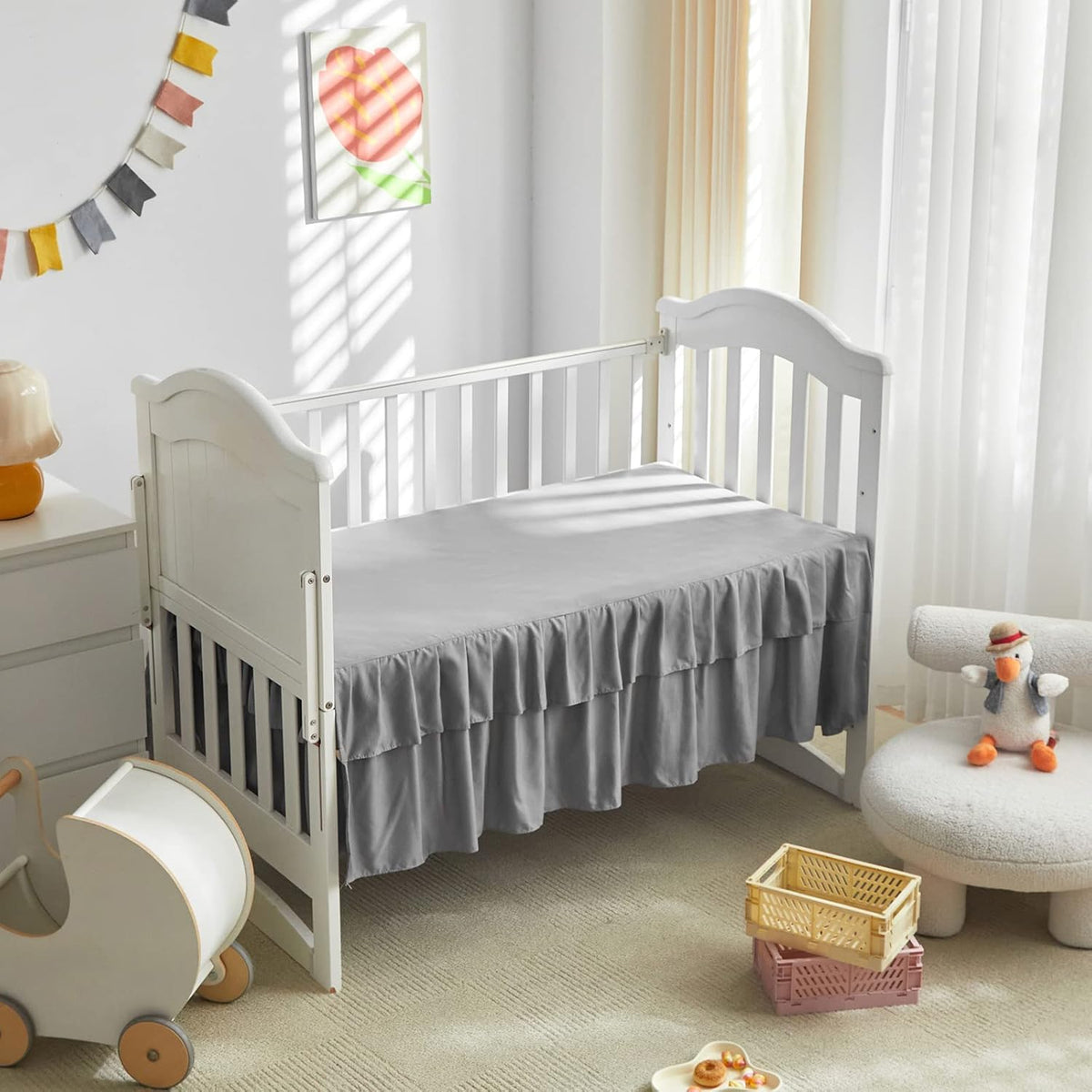 Tufted Ruffle Crib Bedding Set 3 Pieces Baby Boho Quilted Comforter with Fitted Sheet and Bed Skirt - Cute Ruffled Shabby Chic Baby Bedding Soft Blanket Design Gray