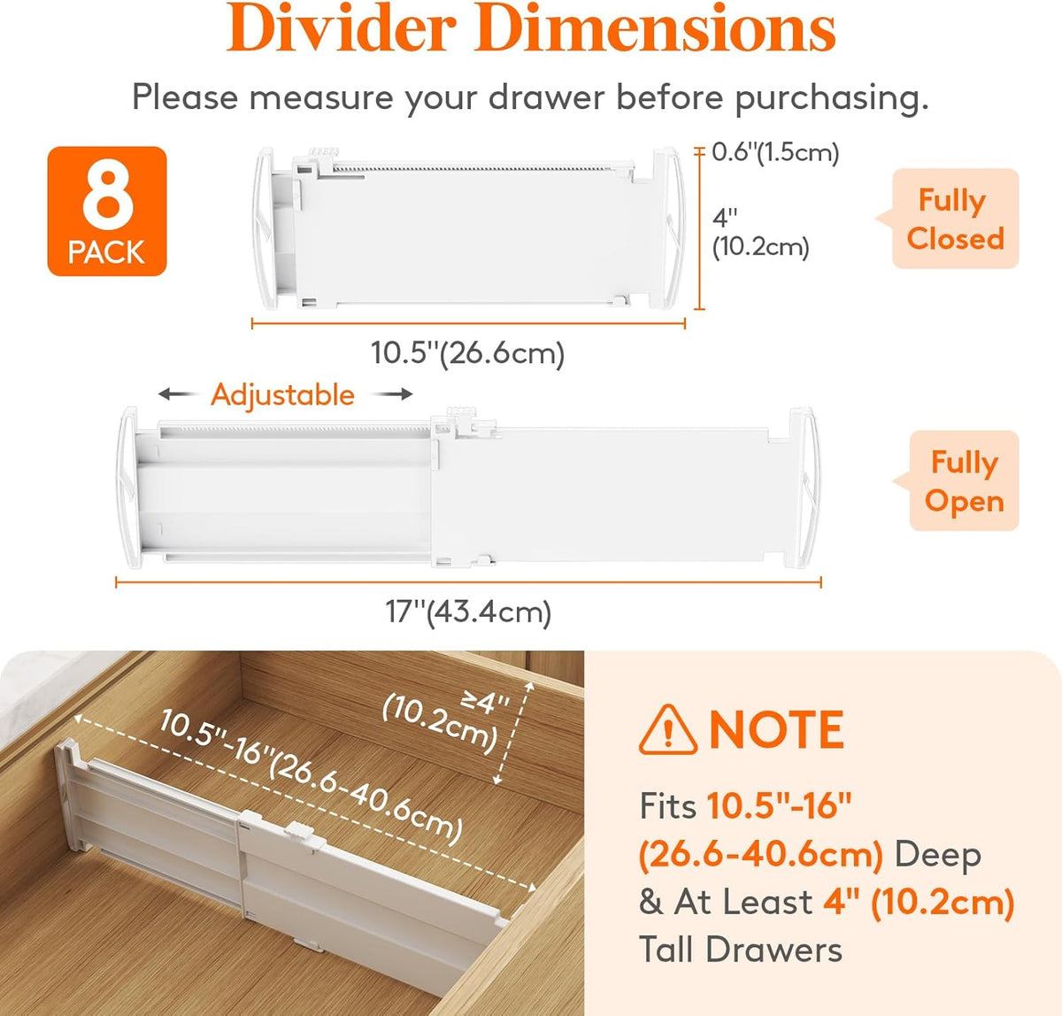 Lifewit 8 Pack Drawer Dividers 4" High, 10.5-16.5" Dresser Drawer Divider, Adjustable Drawer Organizers for Clothes, Plastic Drawers Separators for Dresser, Bedroom, Bathroom, Kitchen, Office