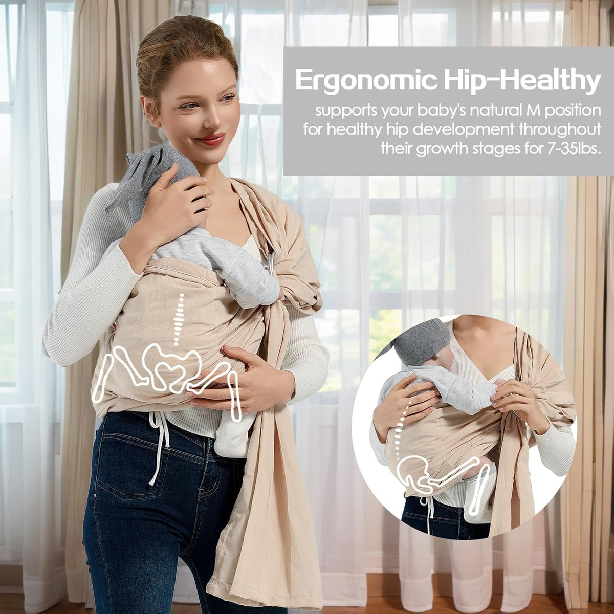 Baby Wrap Ring Sling 7-35 lbs, Baby Sling Carrier for Newborn, Toddler, Infant Holder, Lightweight Baby Carrier Wraps, Cream