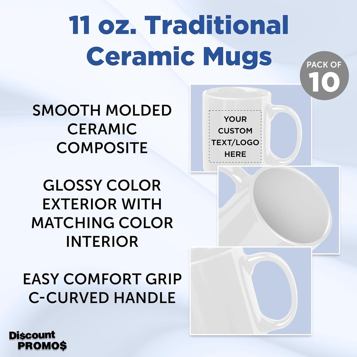 Custom Ceramic Coffee Mugs 11 oz. Set of 10, Personalized Bulk Pack - Coffee cup set, Iced coffee cup, Gaming mug - Creamy White