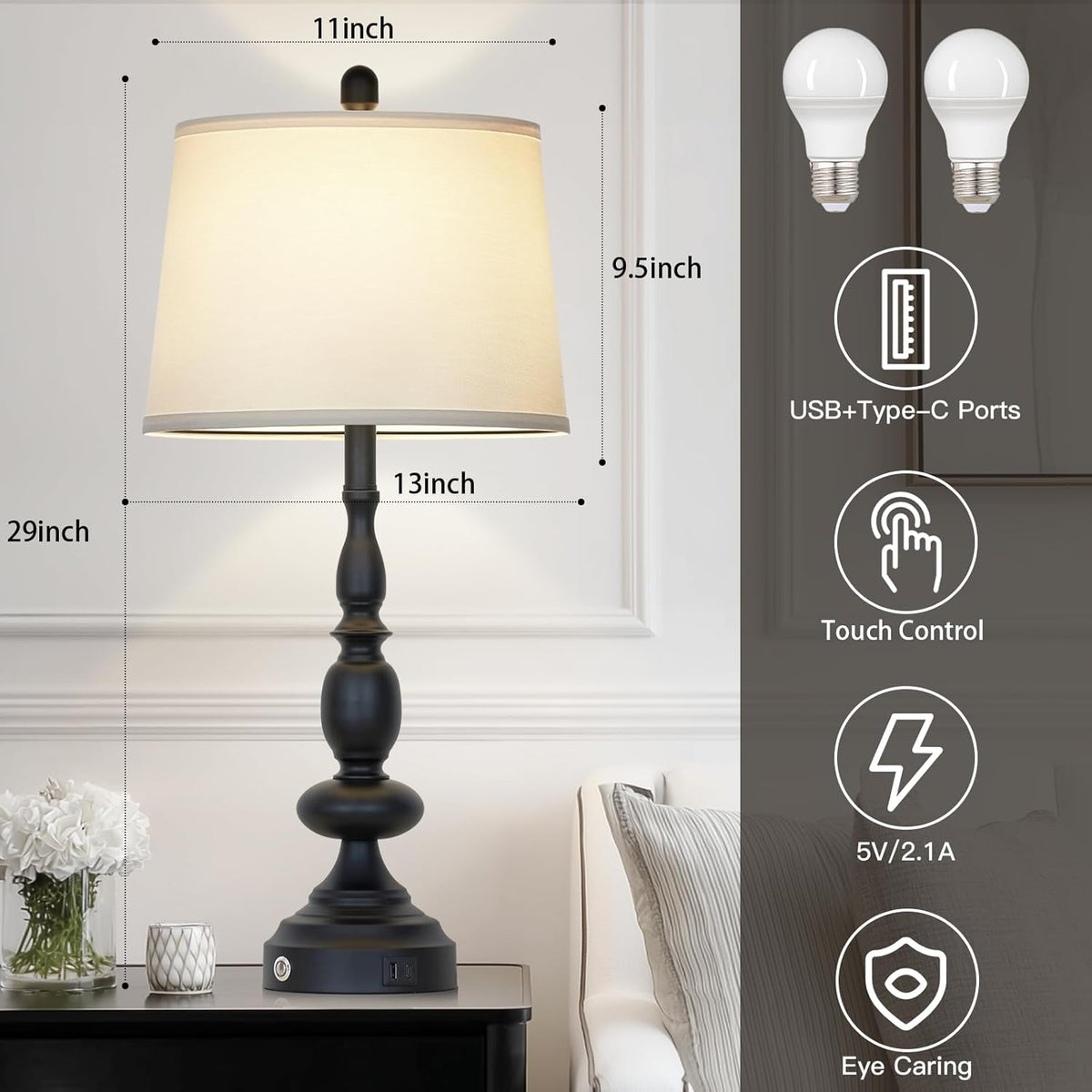 29" Black Modern Table Lamps Set of 2, Industrial Touch Control 3-Way Dimmable Bedside Lamp with USB C+A Ports, Metal Nightstand Lamps for Living Room Bedroom Office Home(2 LED Bulbs Included)