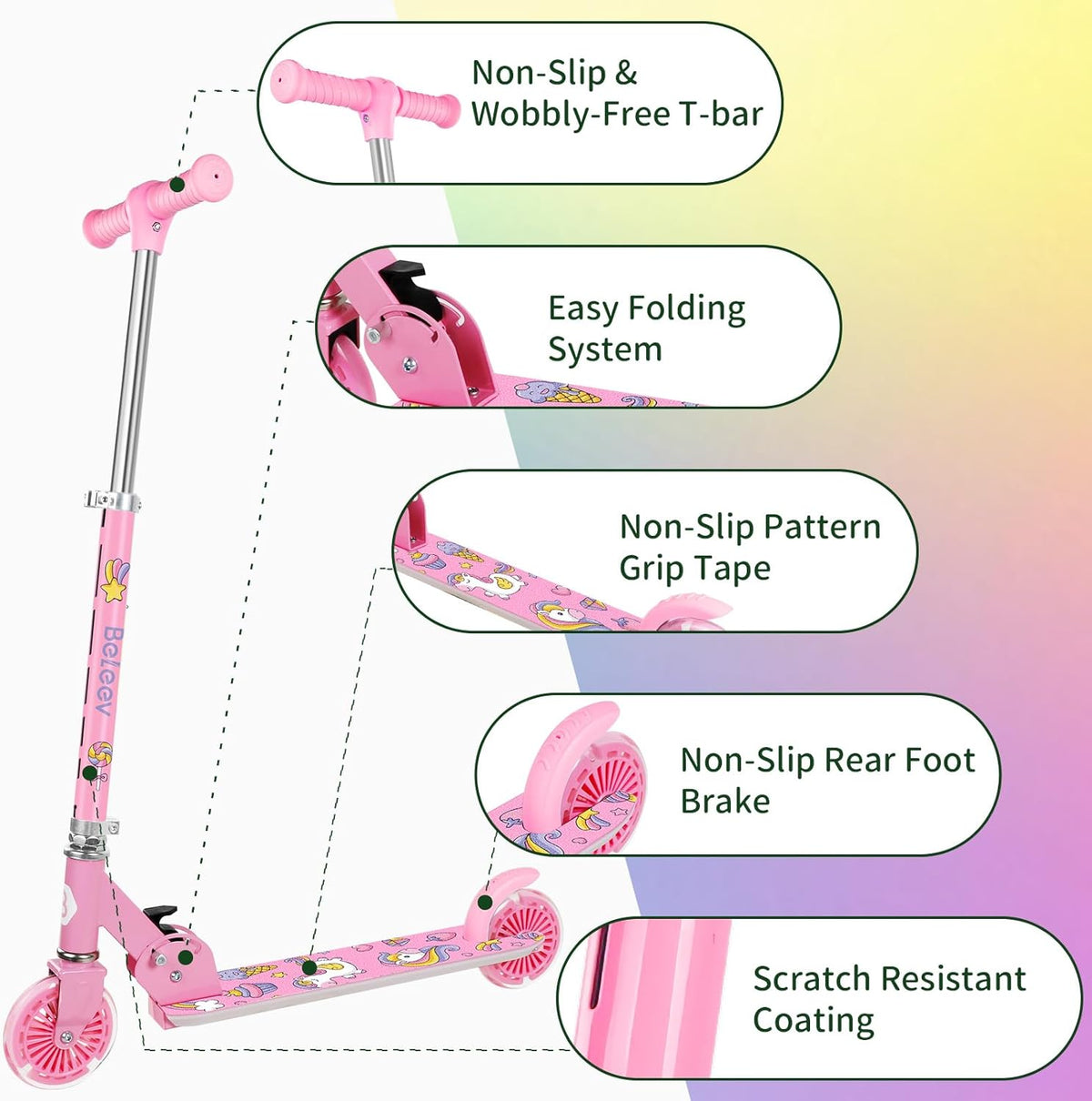 BELEEV V2 Scooters for Kids with Light-Up Wheels & Stem & Deck, 2 Wheel Folding Scooter for Girls Boys, 3 Adjustable Height, Non-Slip Pattern Deck, Lightweight Kick Scooter for Children Ages 3-12