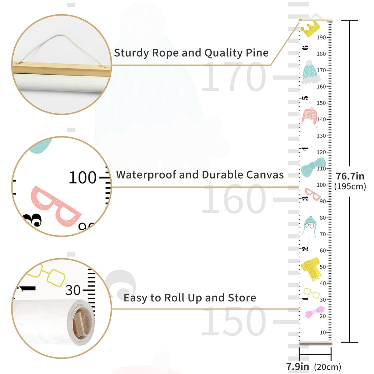 Kids Growth Chart for Wall 79"x7.9" Premium Canvas Removable Height Chart for Kids Height Measurement for Wall, Height Chart for Kids & Babies, Kids Height Wall Chart