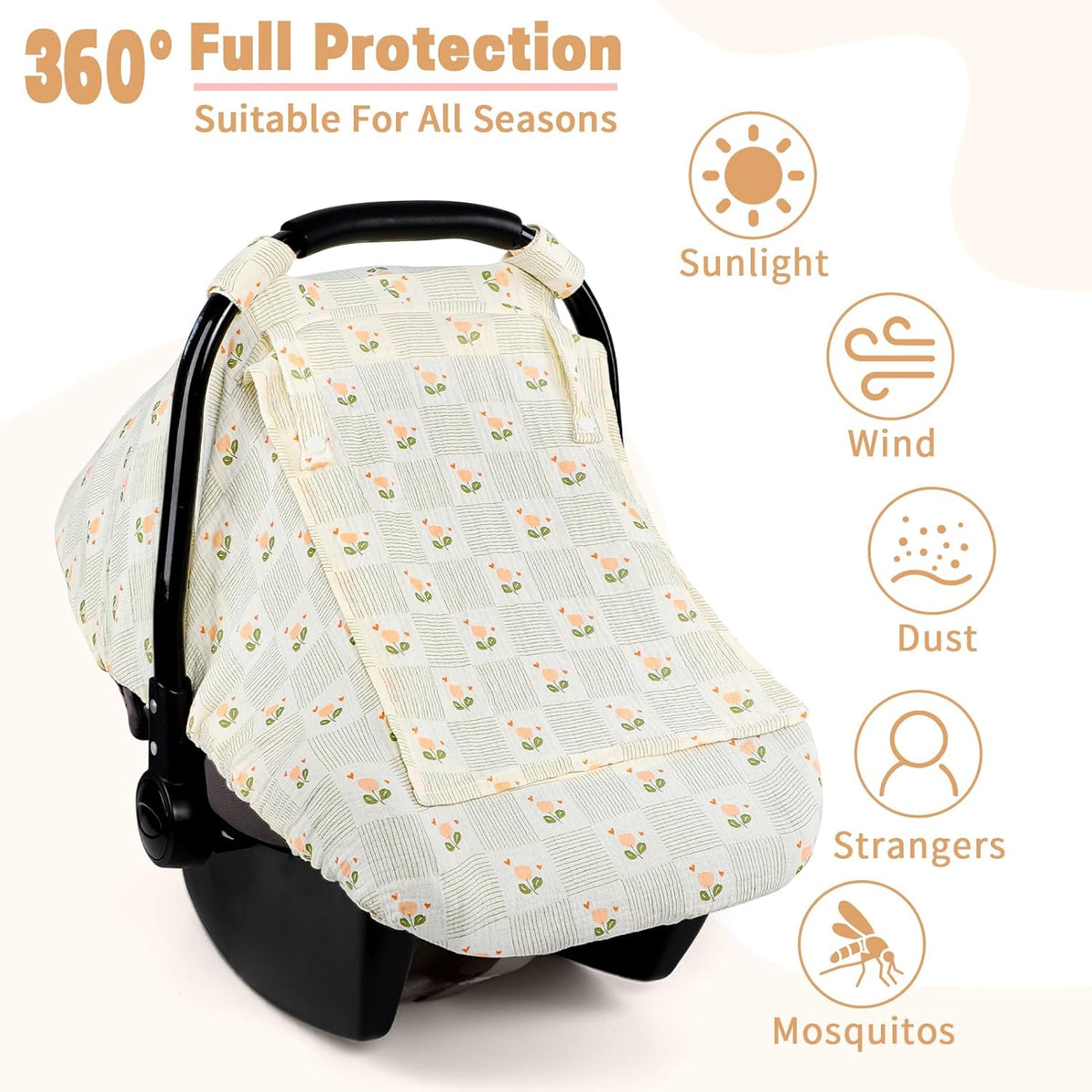 Car Seat Cover Baby, HNHUAMING Muslin Cotton Carseat Covers for Babies Girls Boys Summer Infant Car Seat Covers Canopy, Cozy Newborn Carseat Covers Stroller Cover with Breathable Mesh Window, Floral