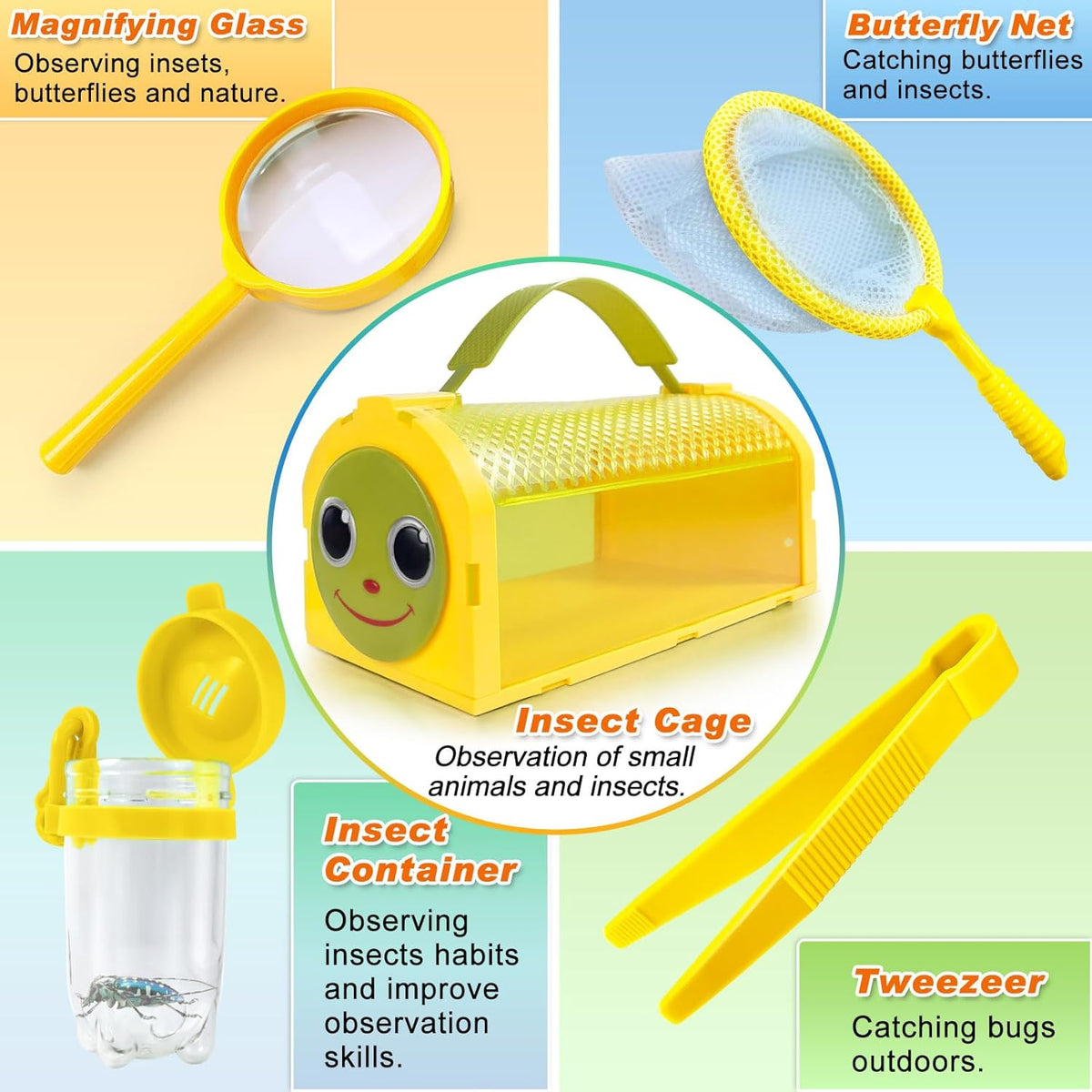 Bug Catcher Kit & Outdoor Explorer Kit for Kids, 10 Pcs Bug Catching Kit with Toy Cage, Backpack, Flashlight, Manifying Glass, Toy Net, Outdoor Exploration Toys Gift for Boys Girls 3-12