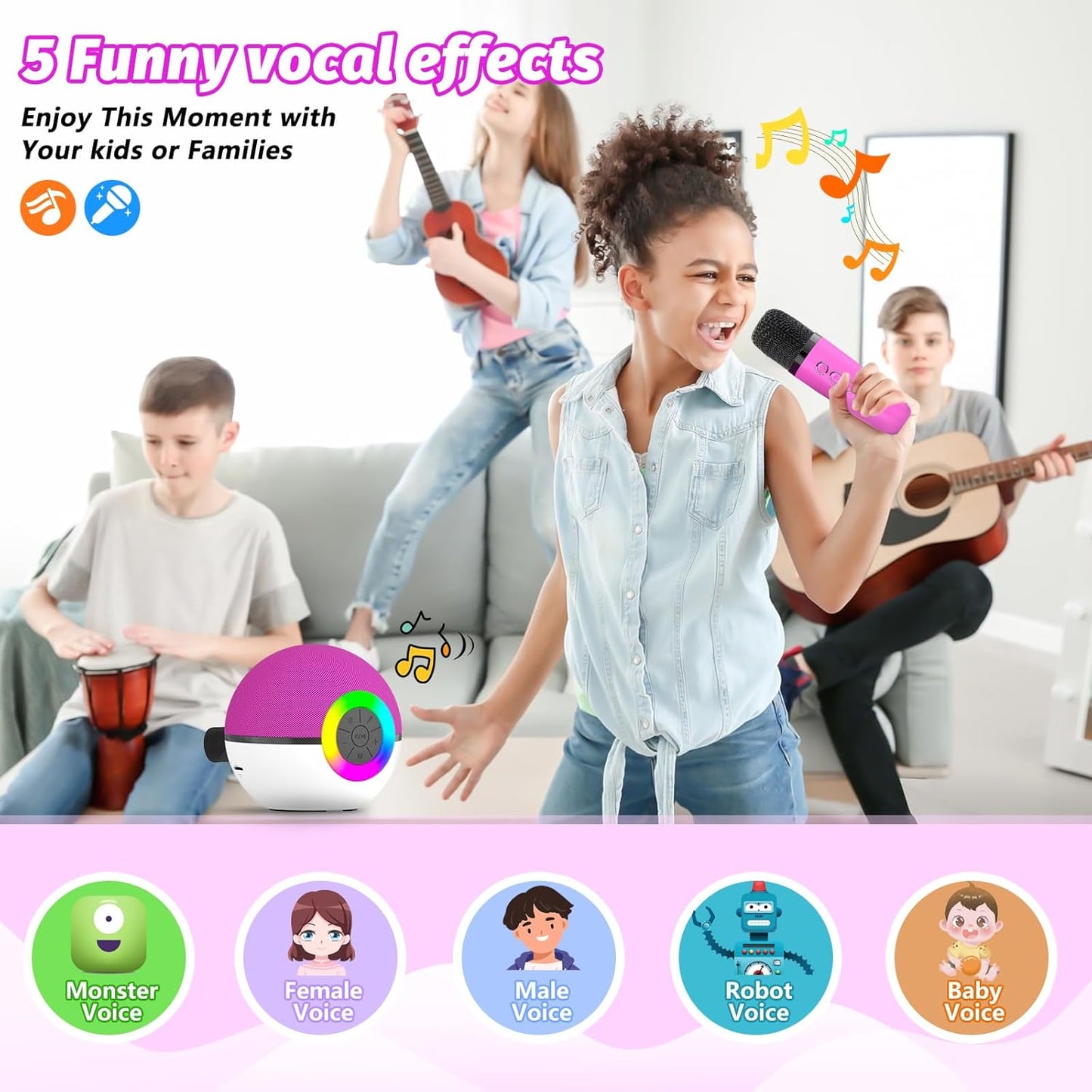 goopow Mini Karaoke Machine Speaker for Kids Adults, Portable Bluetooth Microphone Song Toys with LED Light, Best Chritmas Birthday Festival Gift for 3 4 5 6 7 8+ Year Old Girls Boys (Hotpink-2MIC)