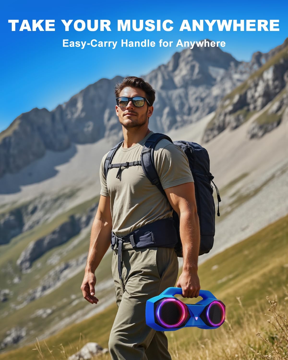 Bluetooth Speaker 80W(Peak)Loud with Bass, 20H Playtime, IPX7 Waterproof, RGB Lights, TWS, Large Portable Wireless Speakers for Outdoor, Home, Party, Pool, Beach, Tailgating, Gym, Work, Gifts (Blue)